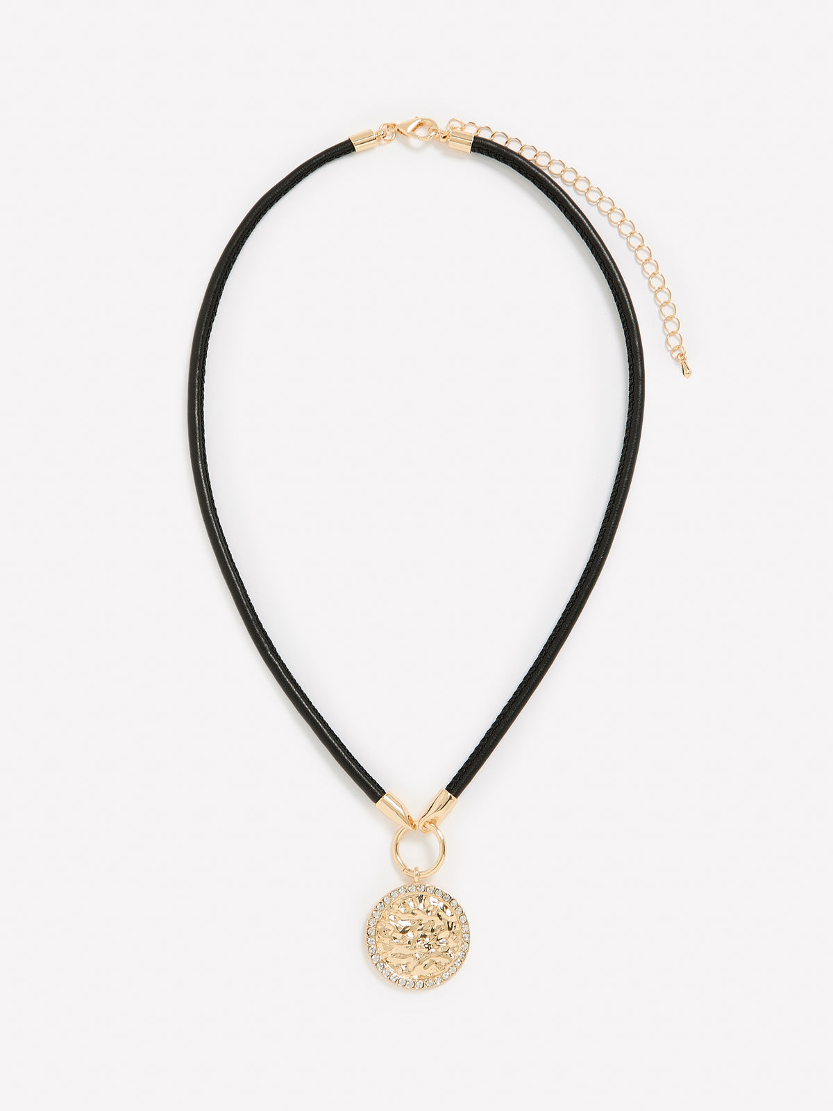 Short Black Corded Necklace with Hammered Charm Pendant