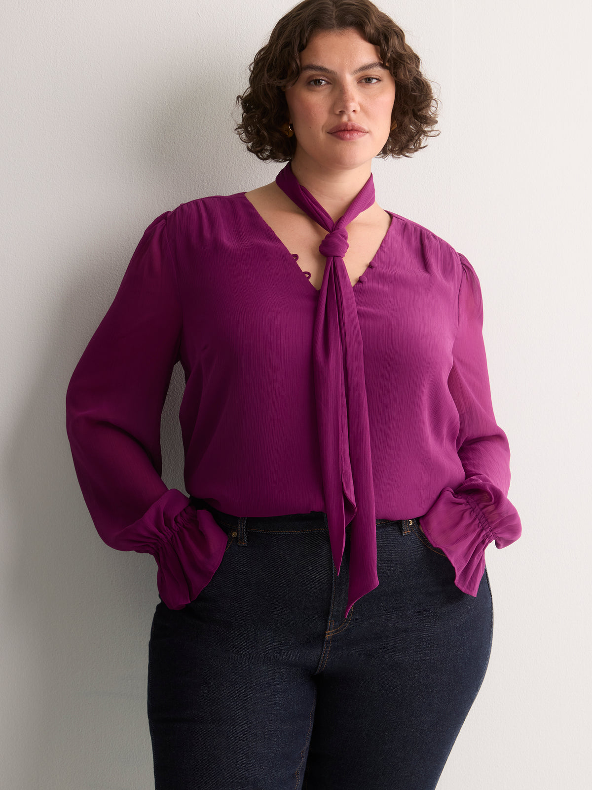 Plum Chiffon Blouse with Detachable Scarf