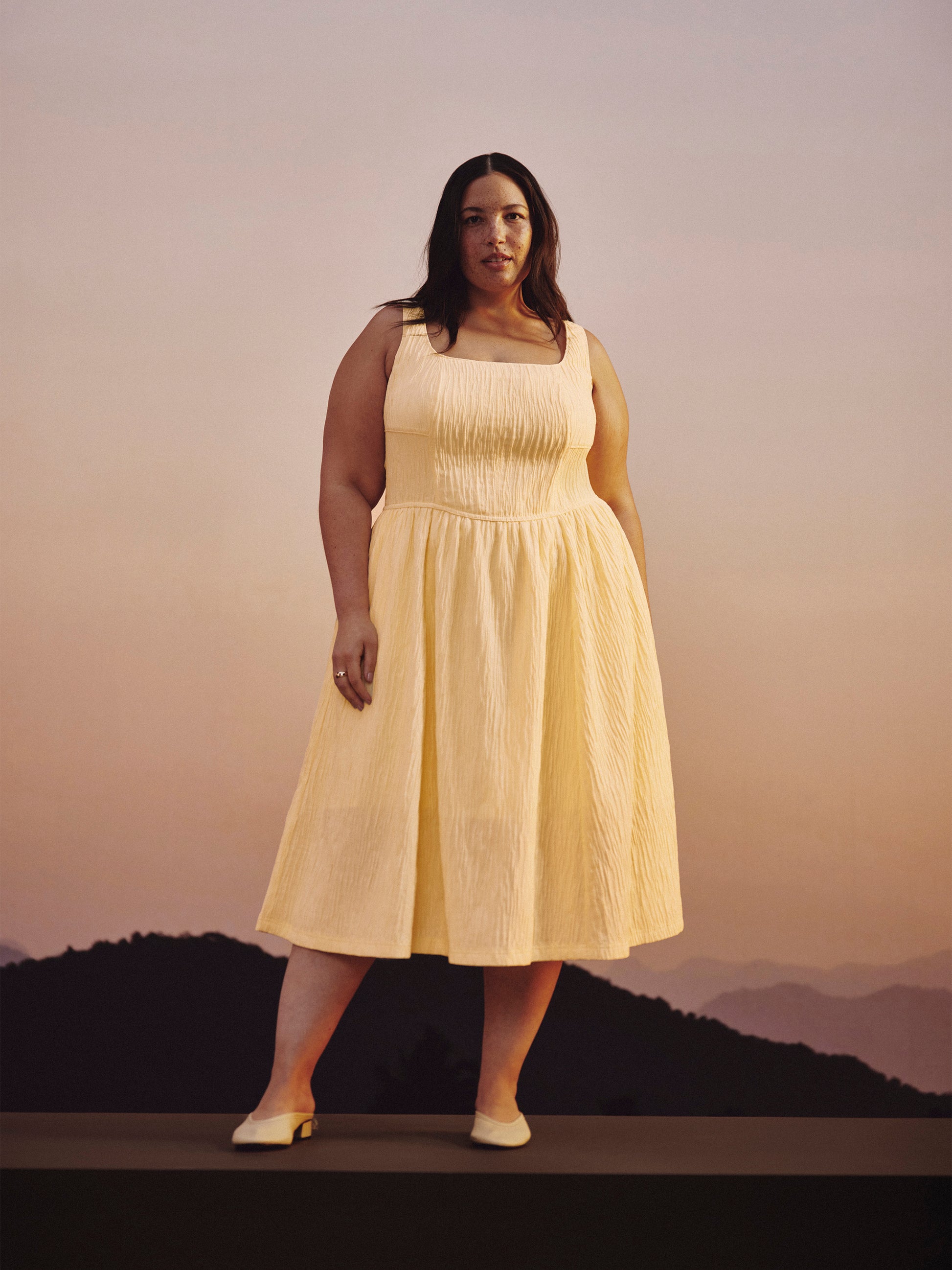 Yellow Sleeveless Square-Neck Flared Midi Dress - Addition Elle