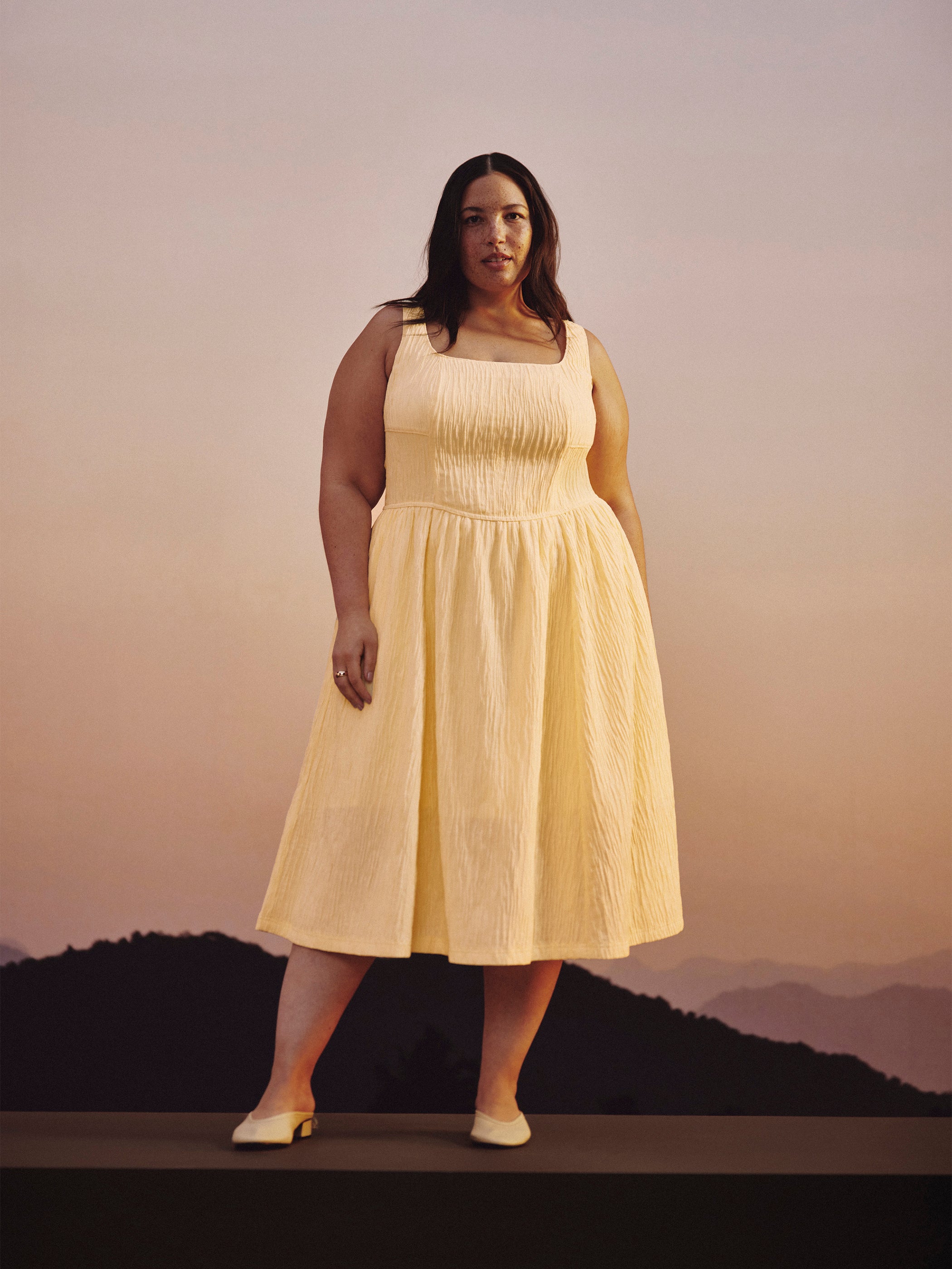 Yellow Sleeveless Square-Neck Flared Midi Dress - Addition Elle