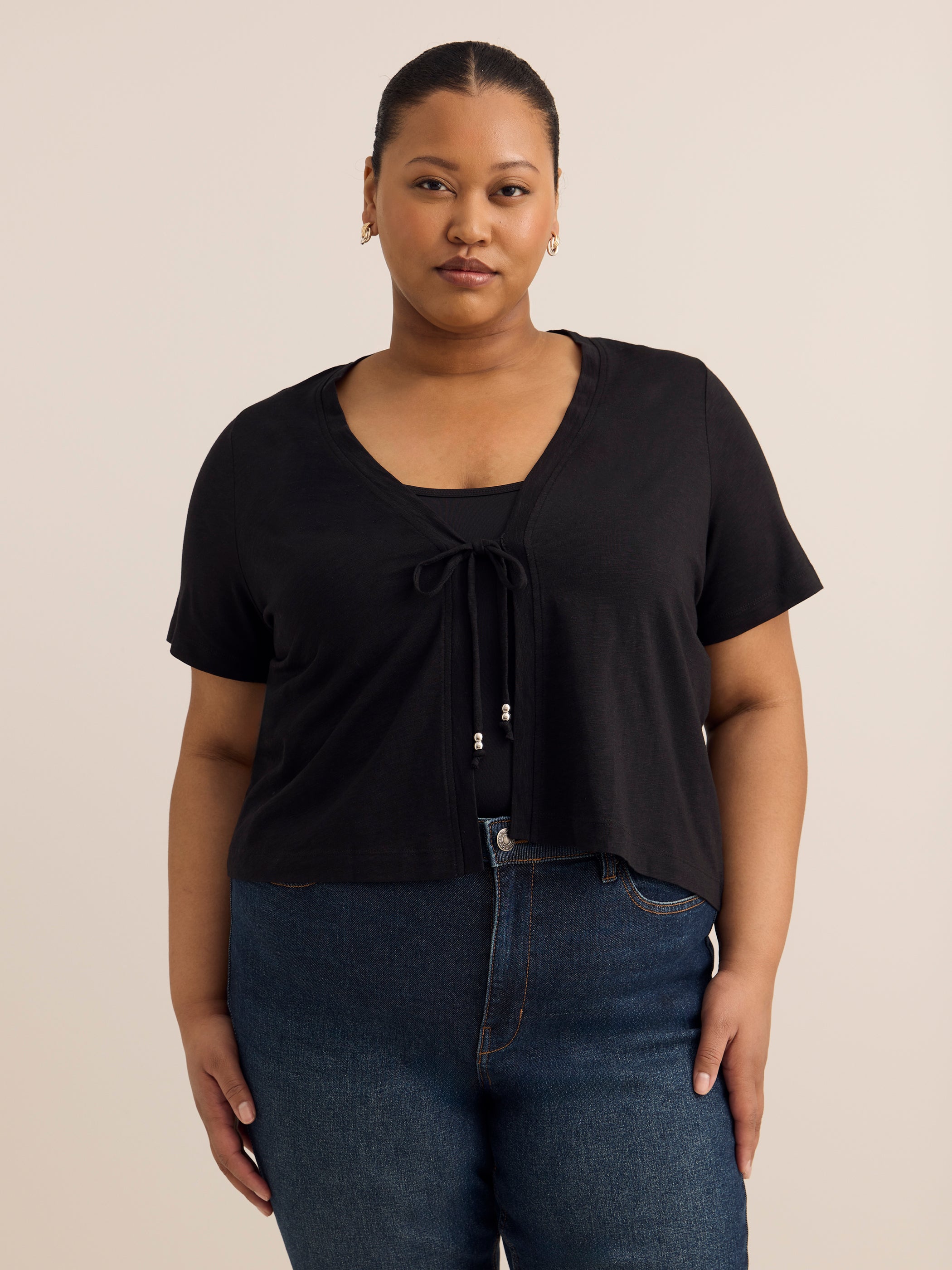 Tie-Front Short-Sleeve Cardigan