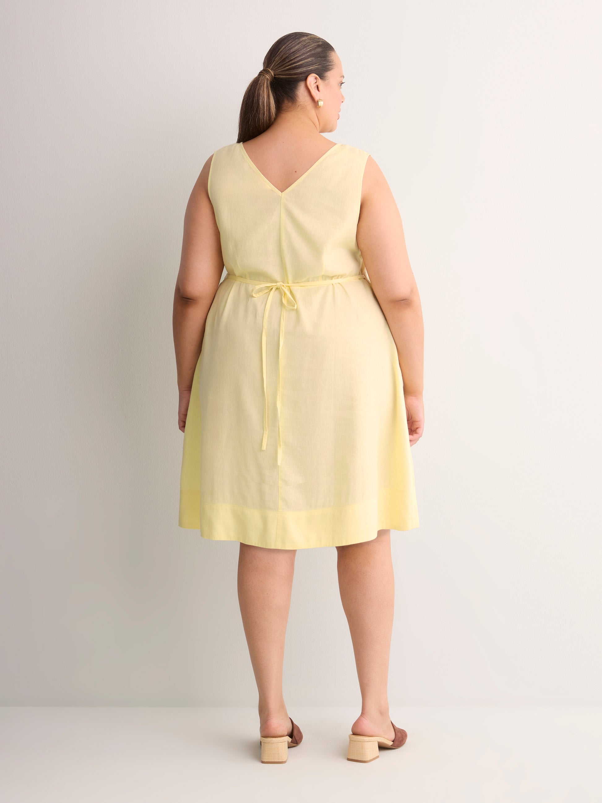 Linen Blend V-Neck Swing Dress with Crochet Tape