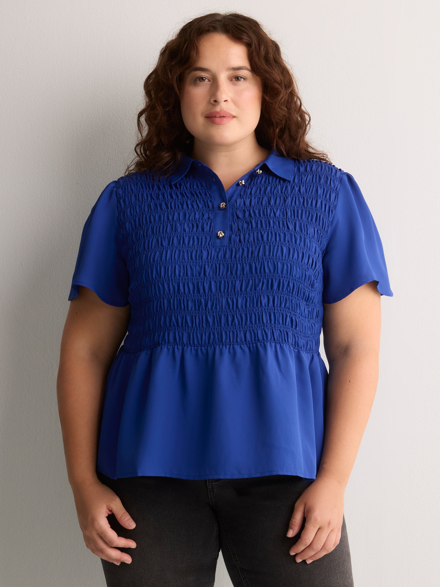 Responsible, Smocking Fit-and-Flare Shirt-Collar Blouse