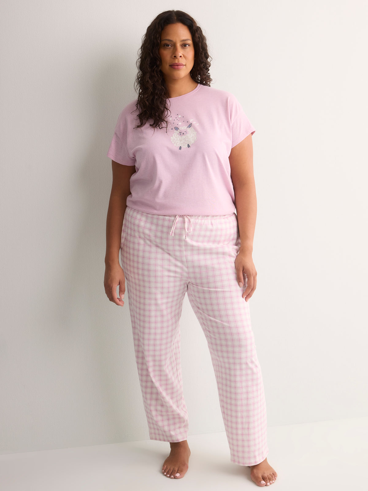 White and Pink Plaid Cotton Knit Wide-Leg Pyjama Pant - tiVOGLIO