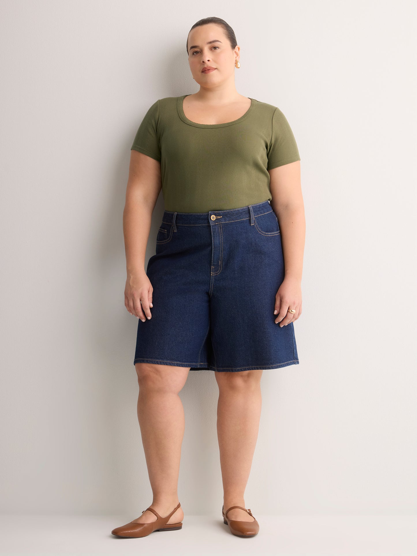 Grey Pointelle Knit Fitted Short-Sleeve T-Shirt