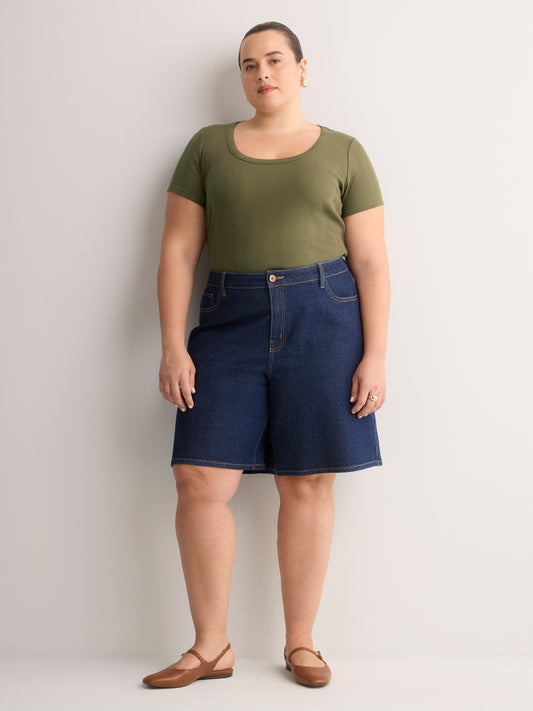 Grey Pointelle Knit Fitted Short-Sleeve T-Shirt