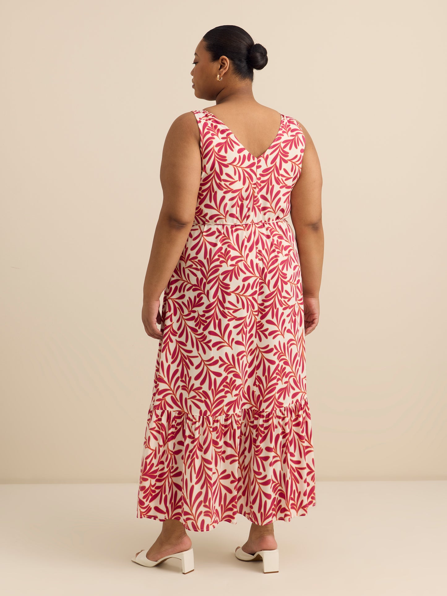Responsible, V-Neck Sleeveless Tiered Maxi Dress with Tie Belt