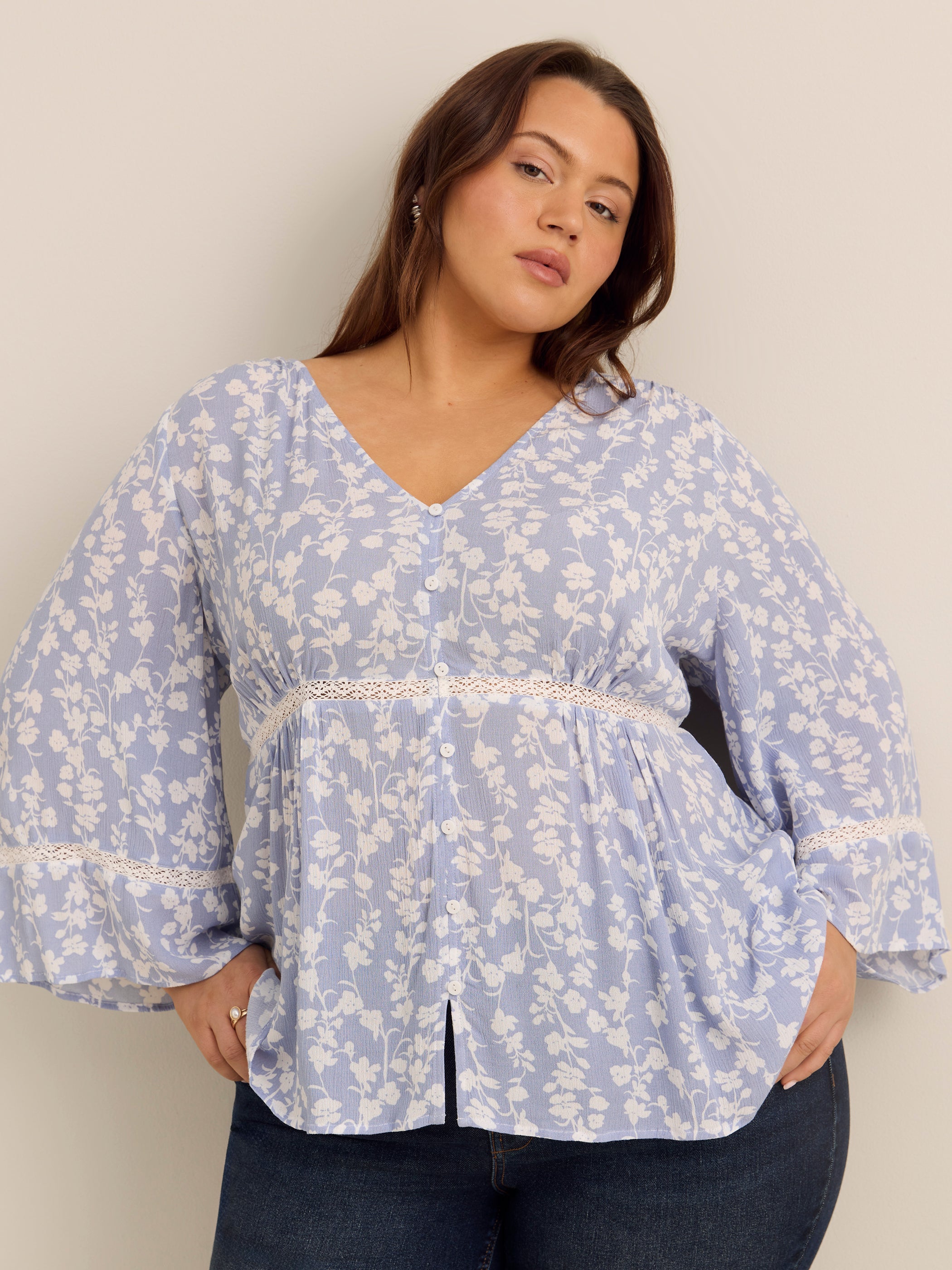 Wide-Sleeve V-Neck Blouse with Decorative Tape - Addition Elle