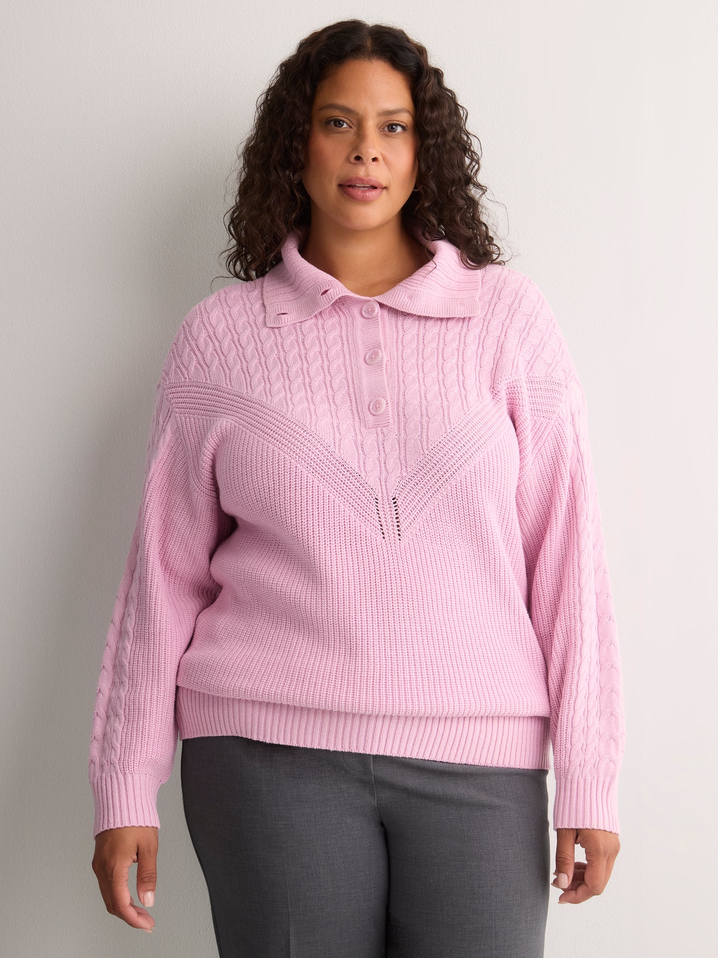 Loose Half-Placket Cable Knit Sweater