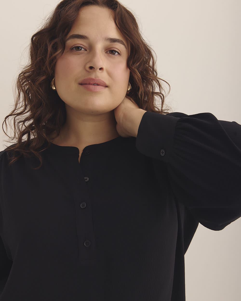 Long-Sleeve Tunic Blouse with Buttoned Crewneck