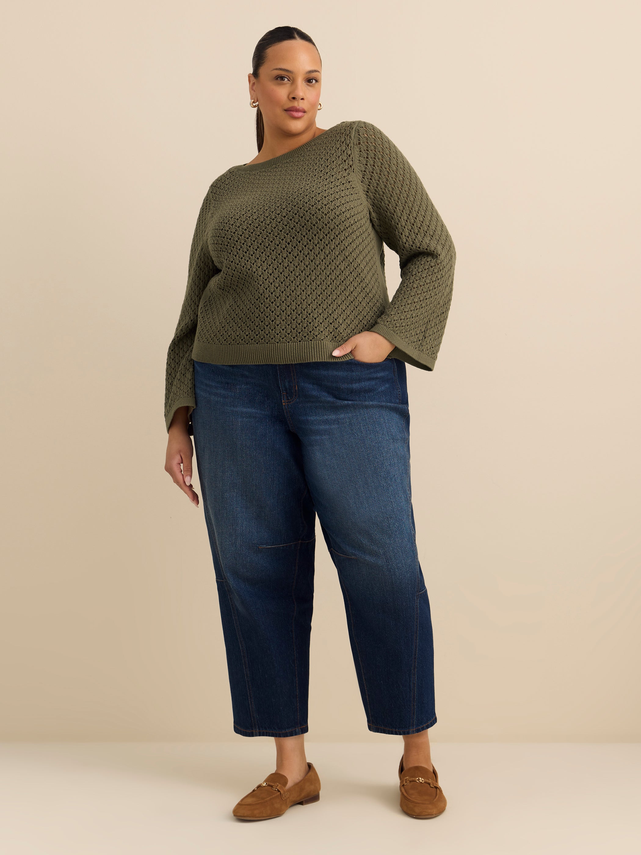 Long Bell Sleeve Sweater with Boat Neck