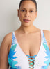 Plunging Lace-Down One-Piece Swim Suit - Bleu by Rod Beattie