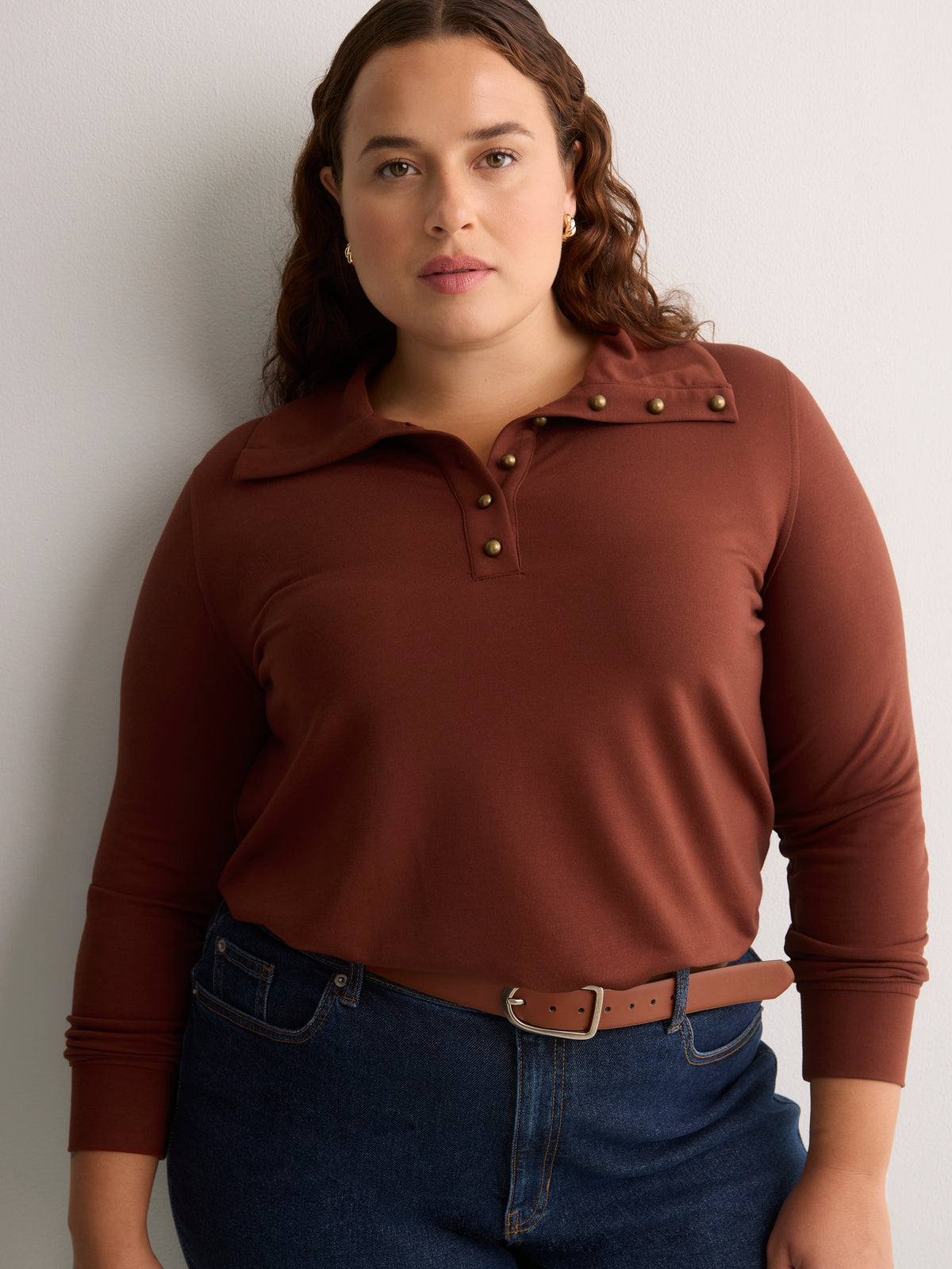 Loose French Terry Tunic Top with Buttoned Johnny Collar