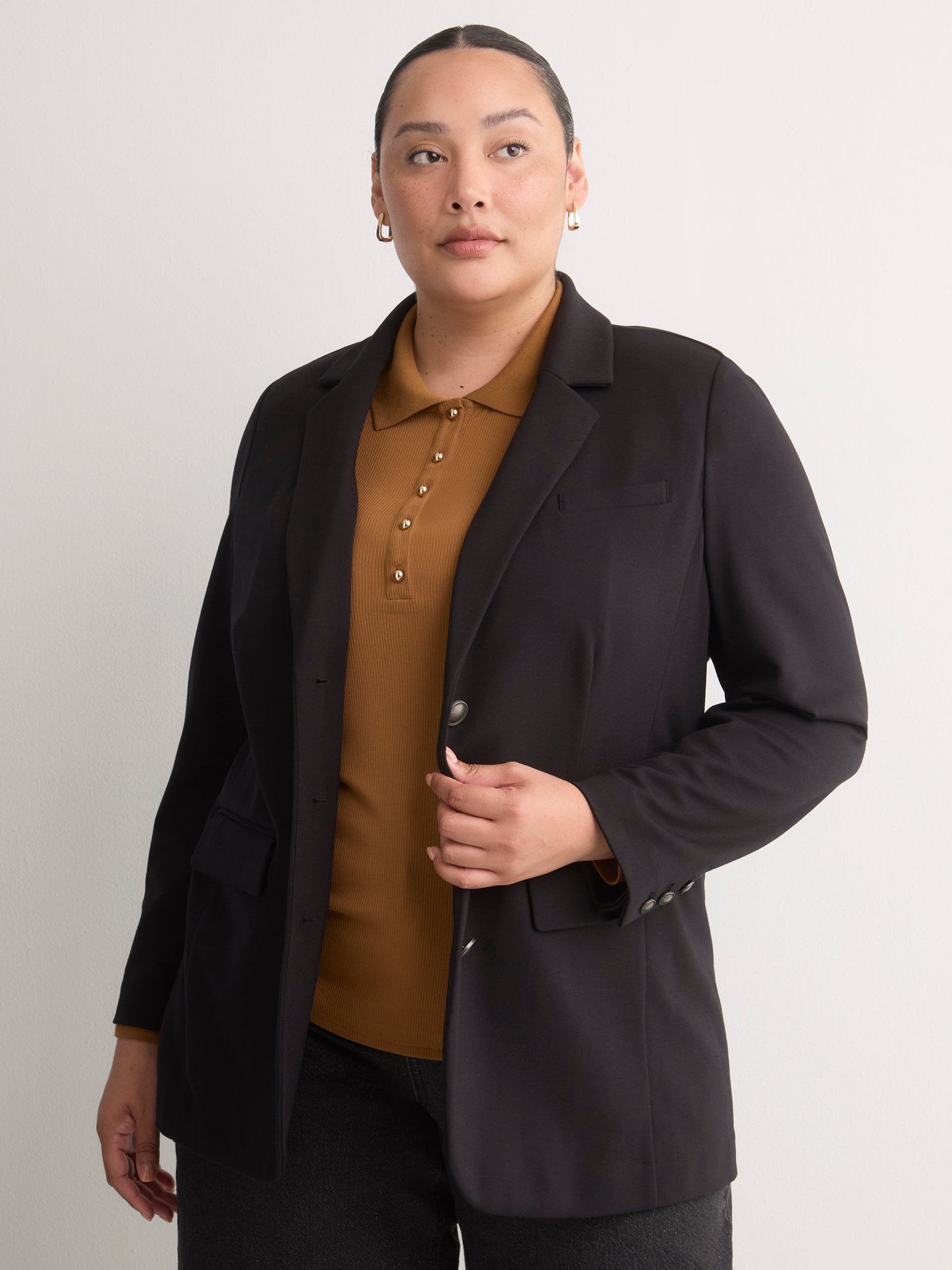 Black Single-Breasted Tailored Knit Blazer