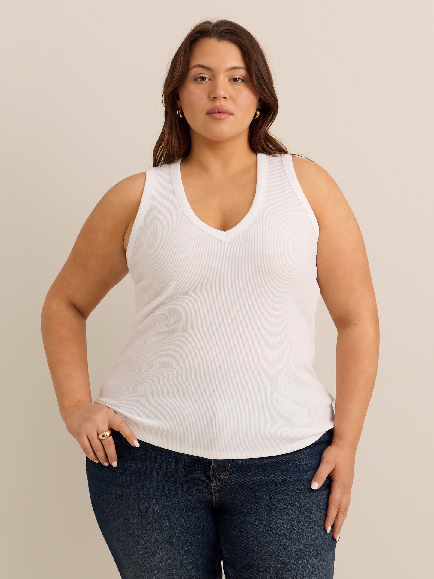 Fitted V-Neck Ribbed Knit Tank Top - Addition Elle