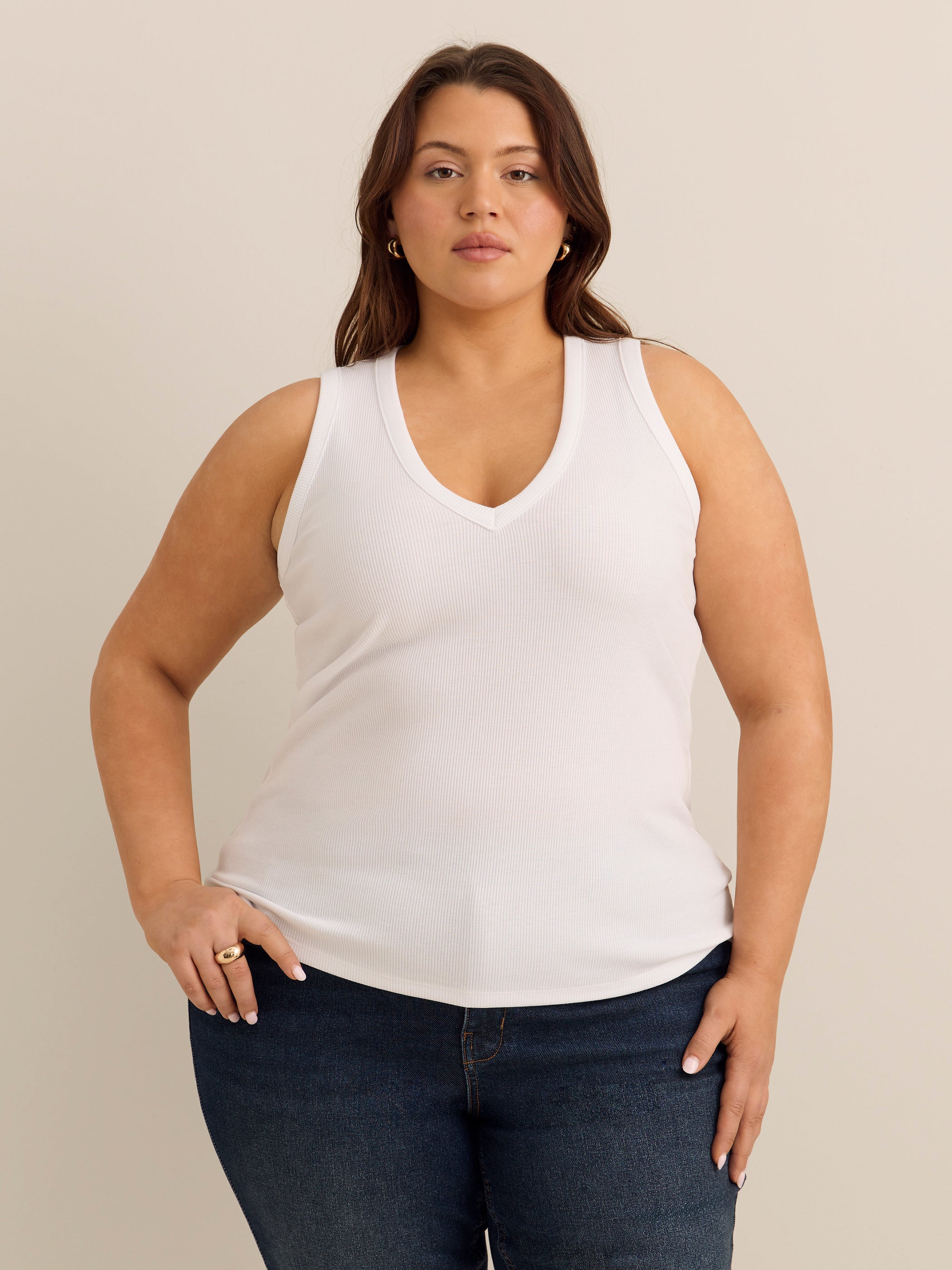 Fitted V-Neck Ribbed Knit Tank Top - Addition Elle