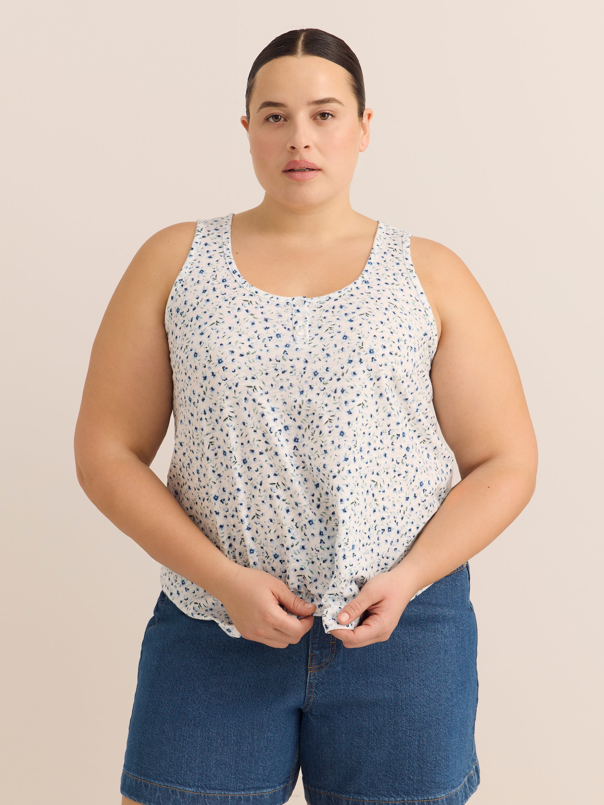 Straight Floral-Print Henley Tank Top
