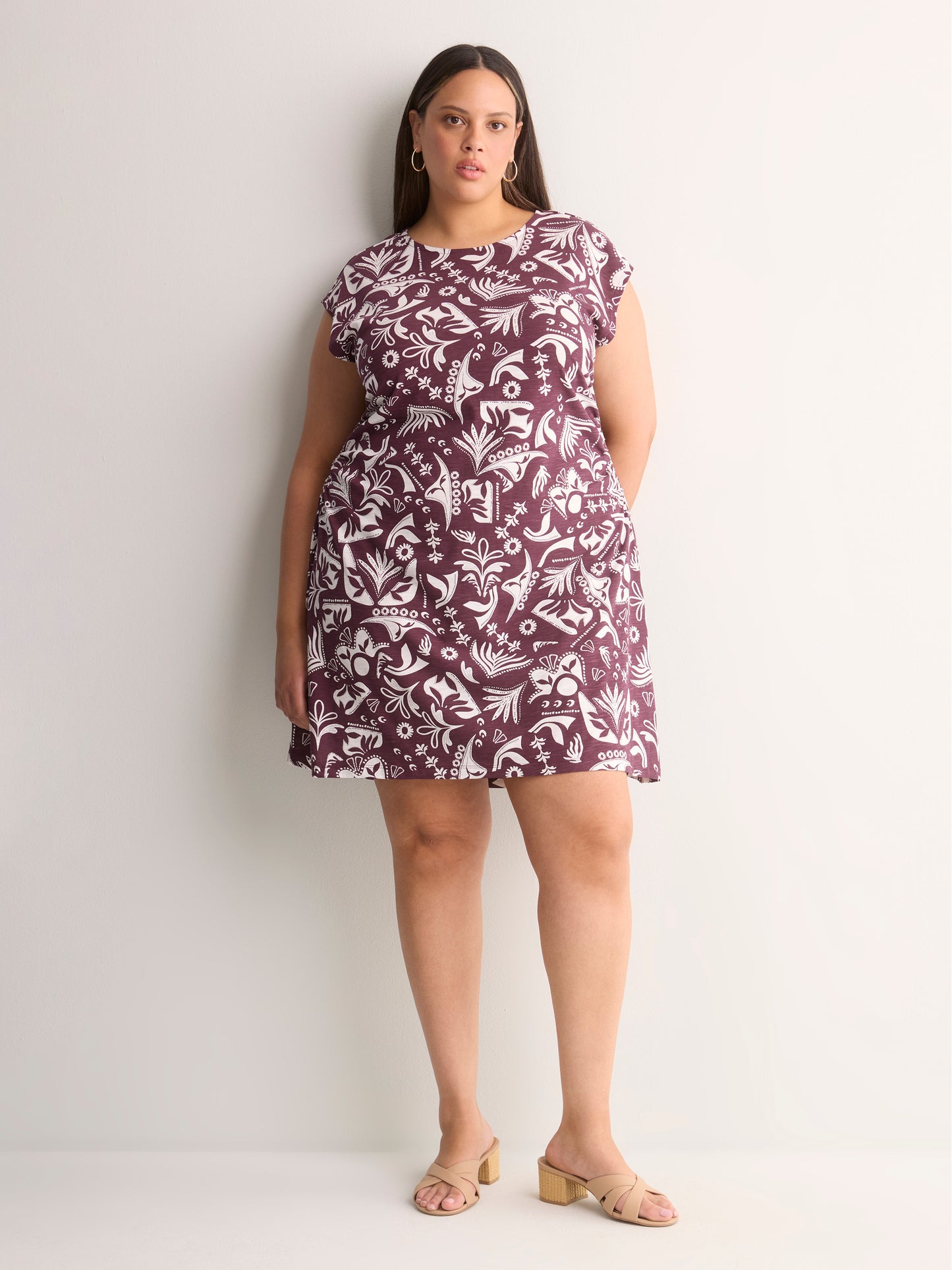 Crew-Neck Extended-Sleeve Knit Dress with Side Shirring