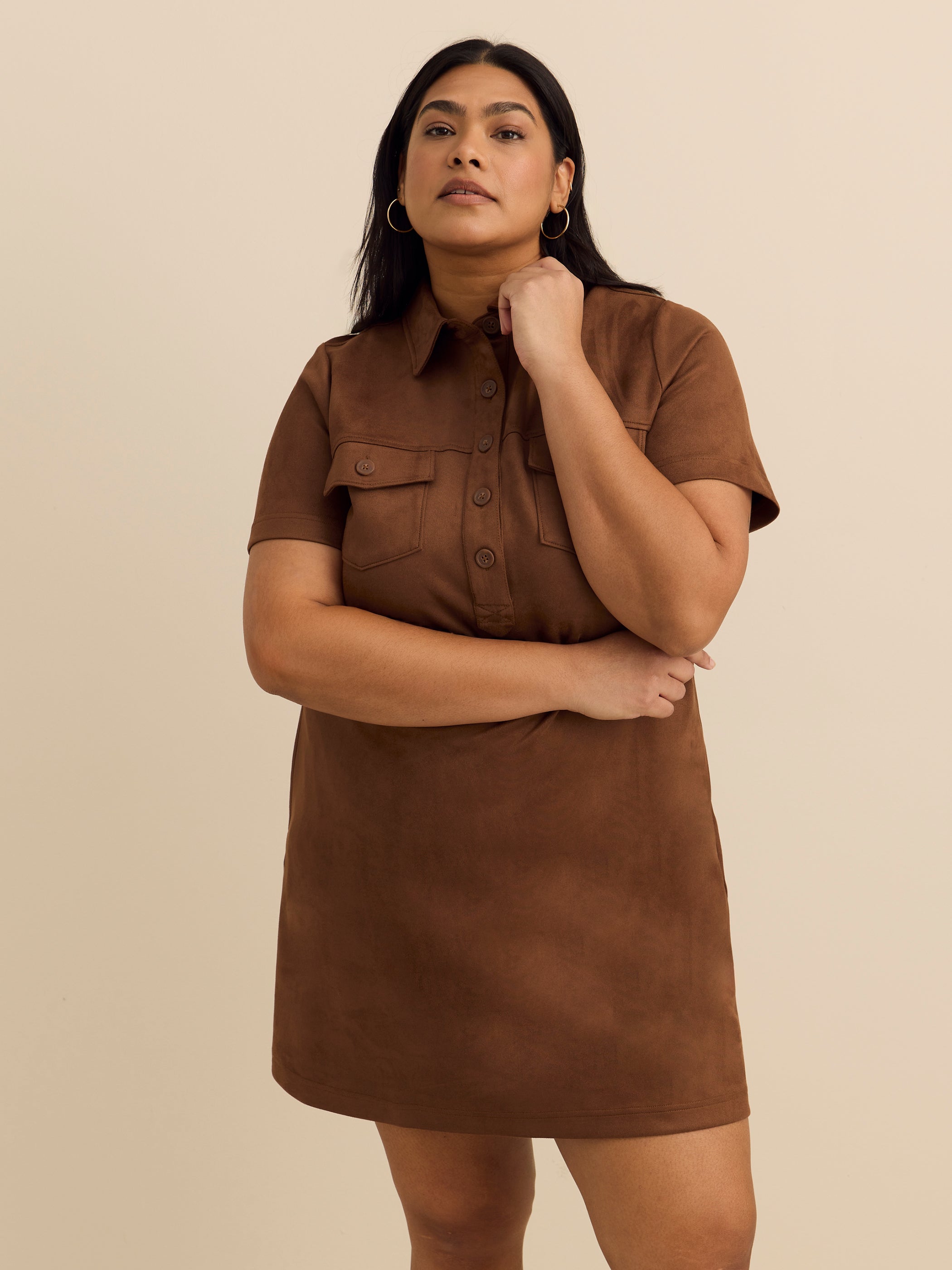 Faux Suede Shirt Dress with Pockets