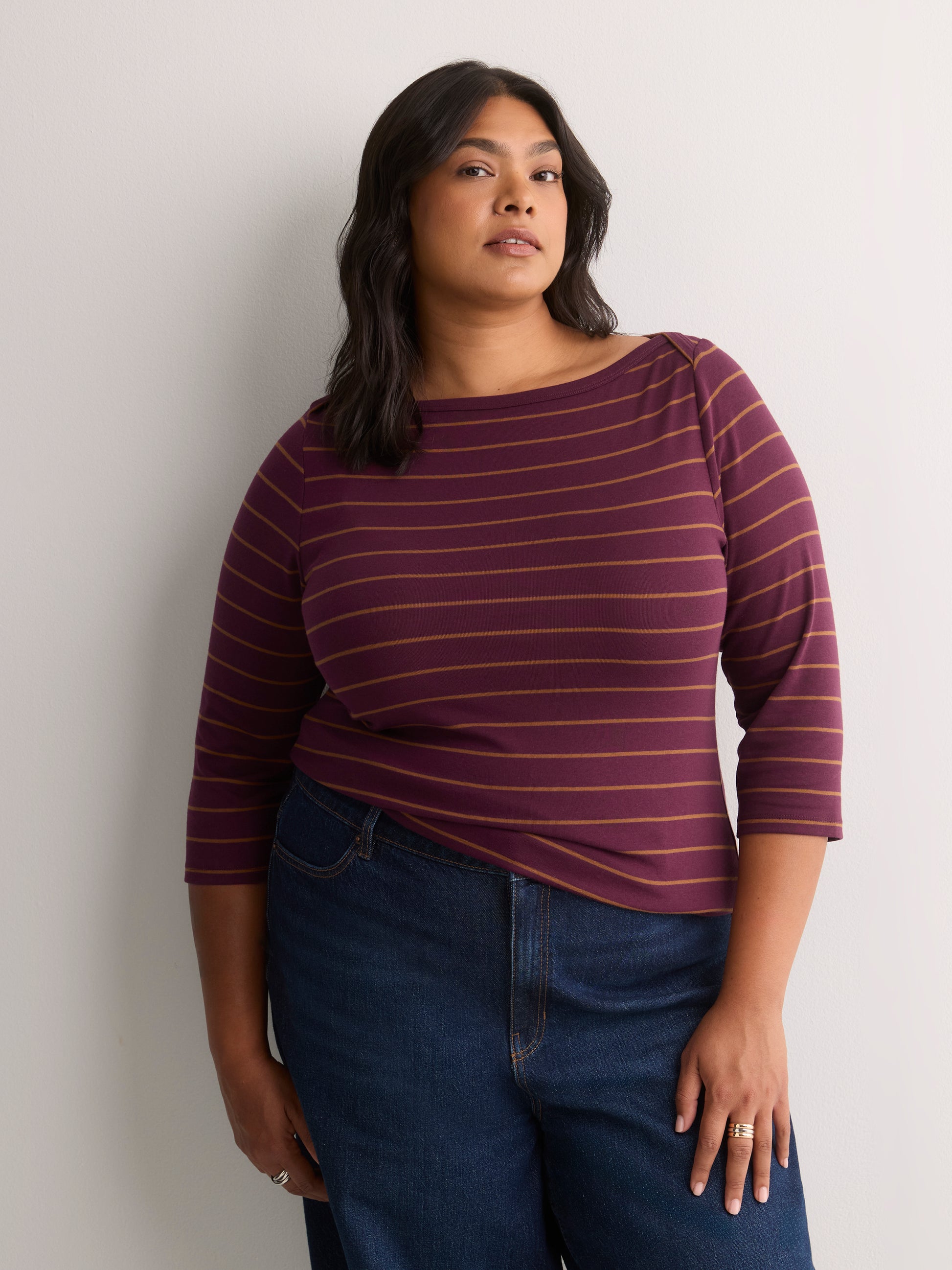 Fitted 3/4-Sleeve Boat-Neck Striped Rib Baby Tee