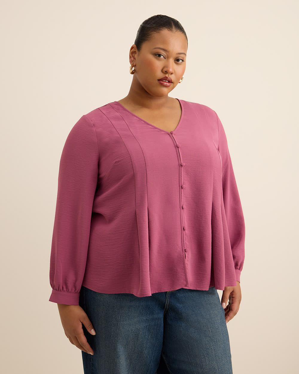 Long-Sleeve Flared Pleated Satin Blouse
