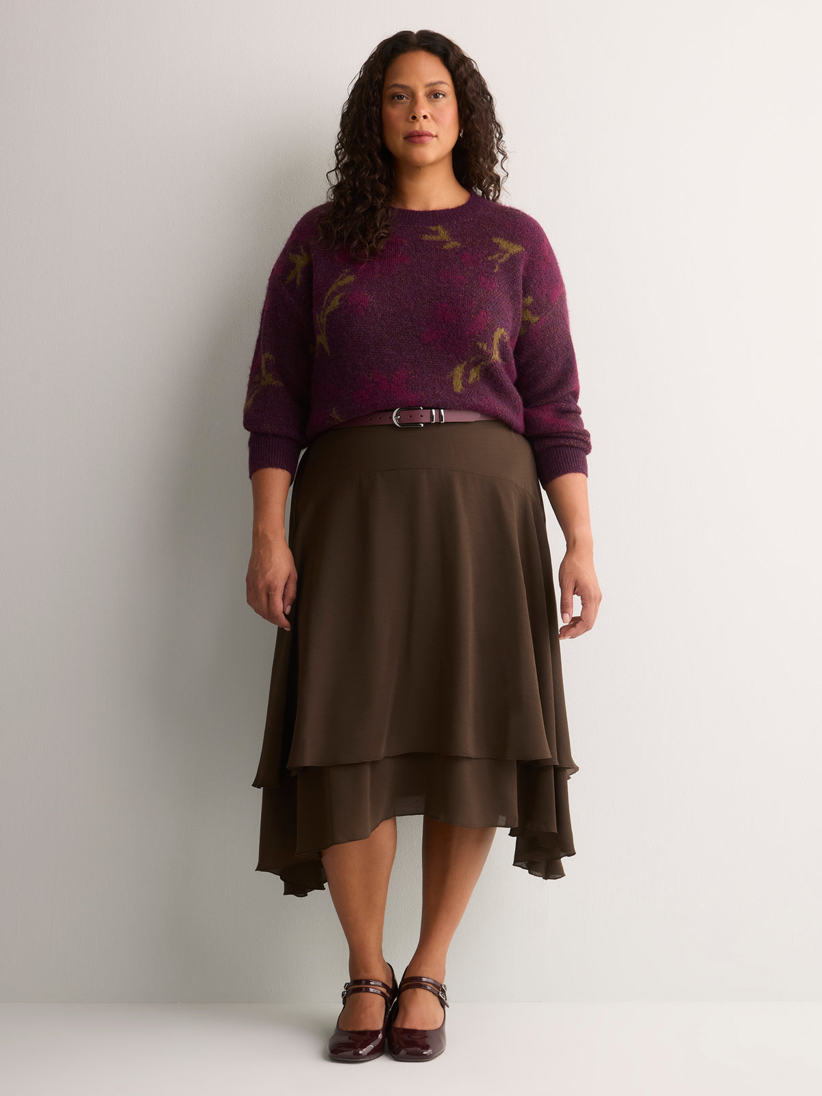 Romantic Brown Chiffon Pull-On Midi Skirt