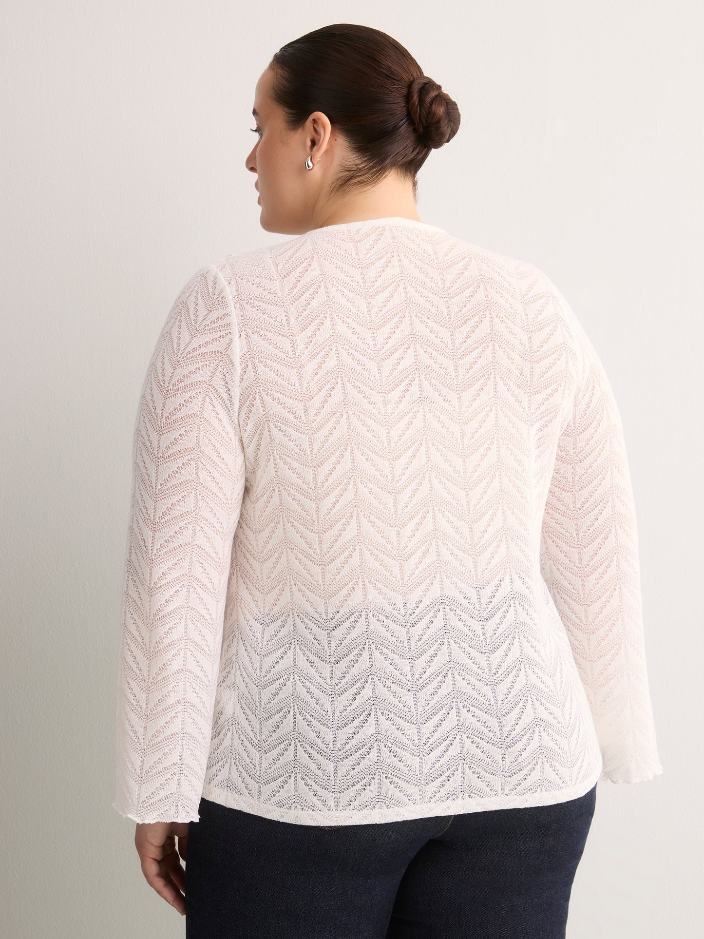 Straight V-Neck Crochet Pointelle Knit Blouse with Trumpet Sleeves
