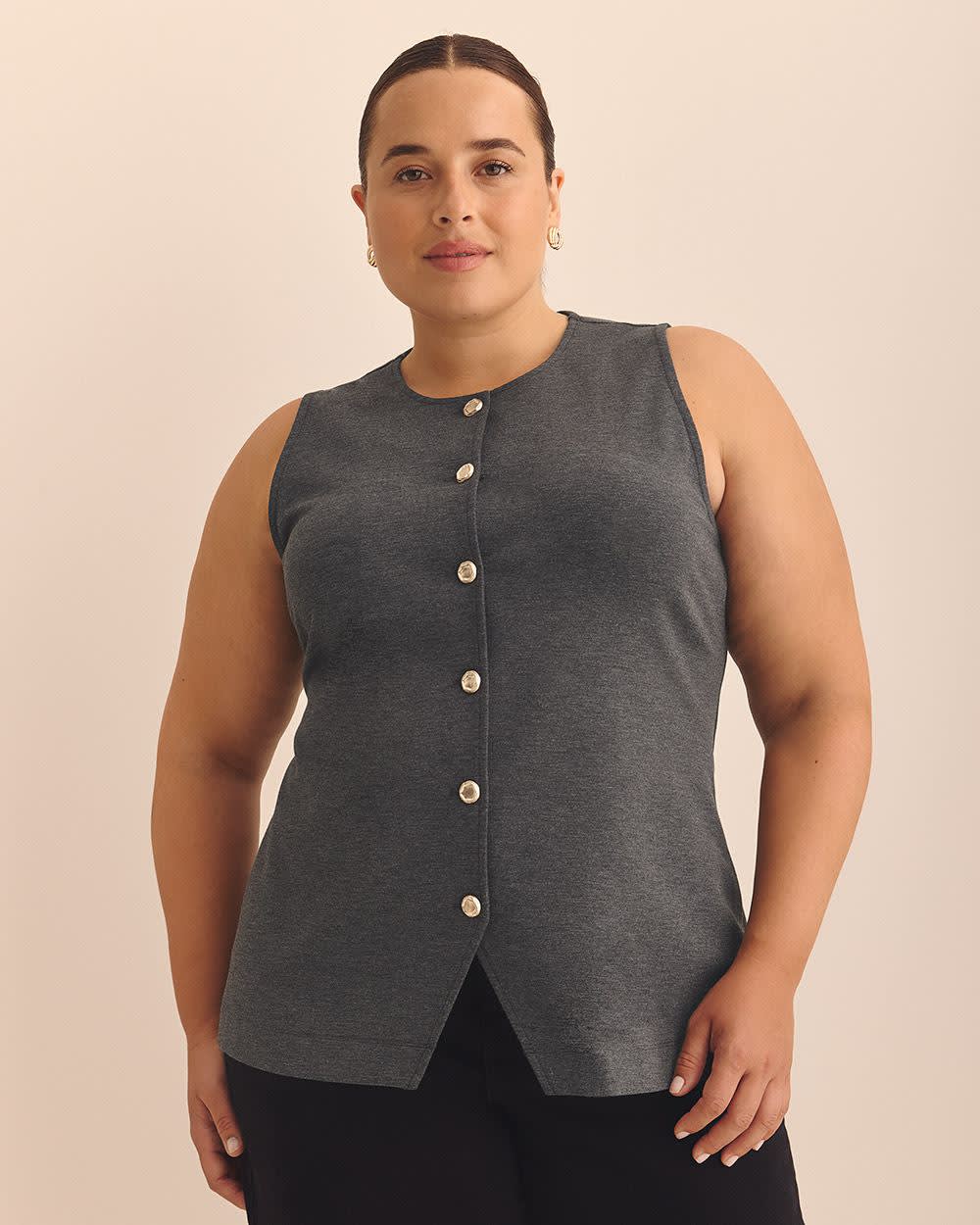 Button-Up Knit Crew Neck Vest