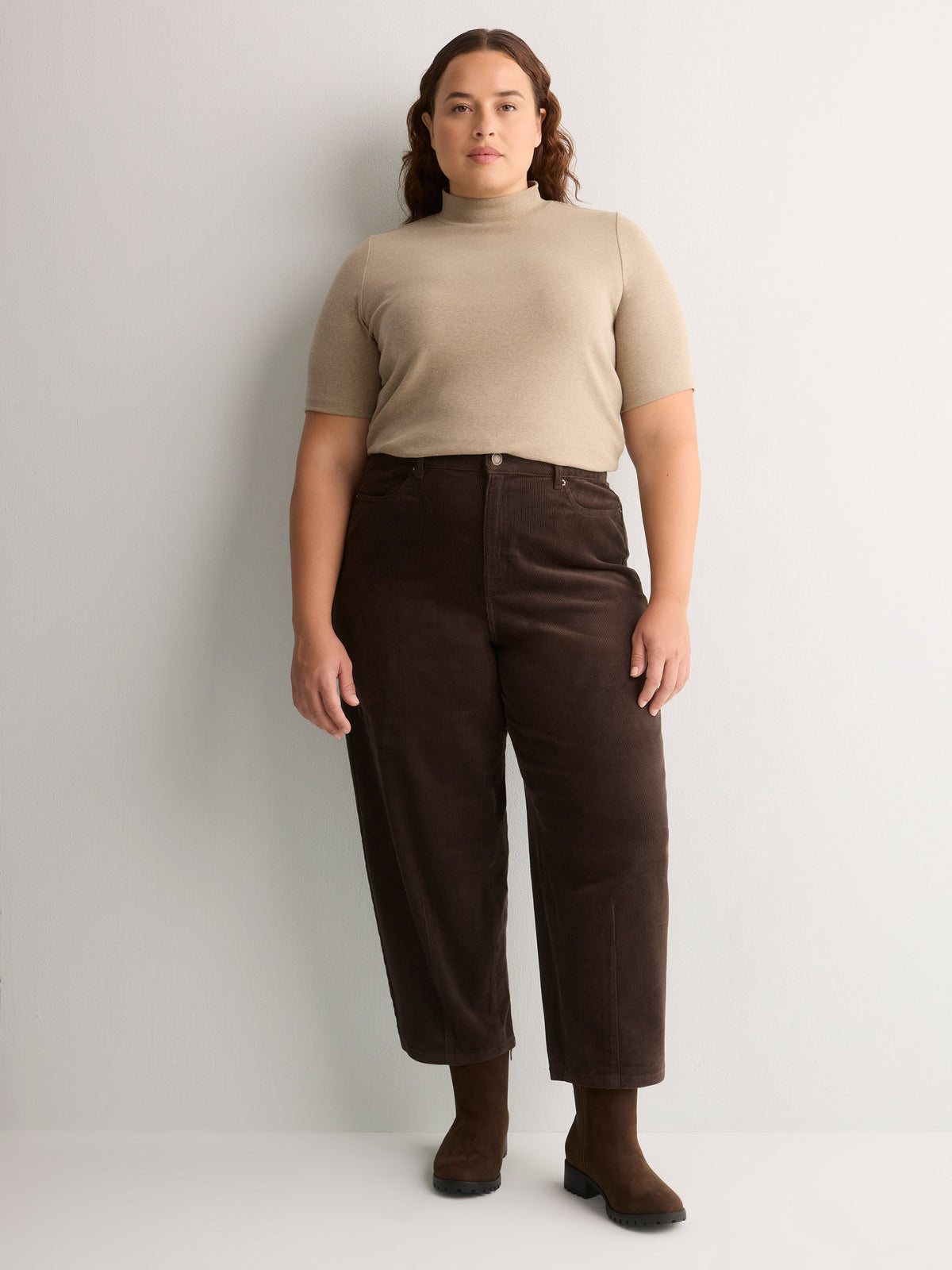 Fitted Mock-Neck Elbow-Sleeve Rib Knit Top