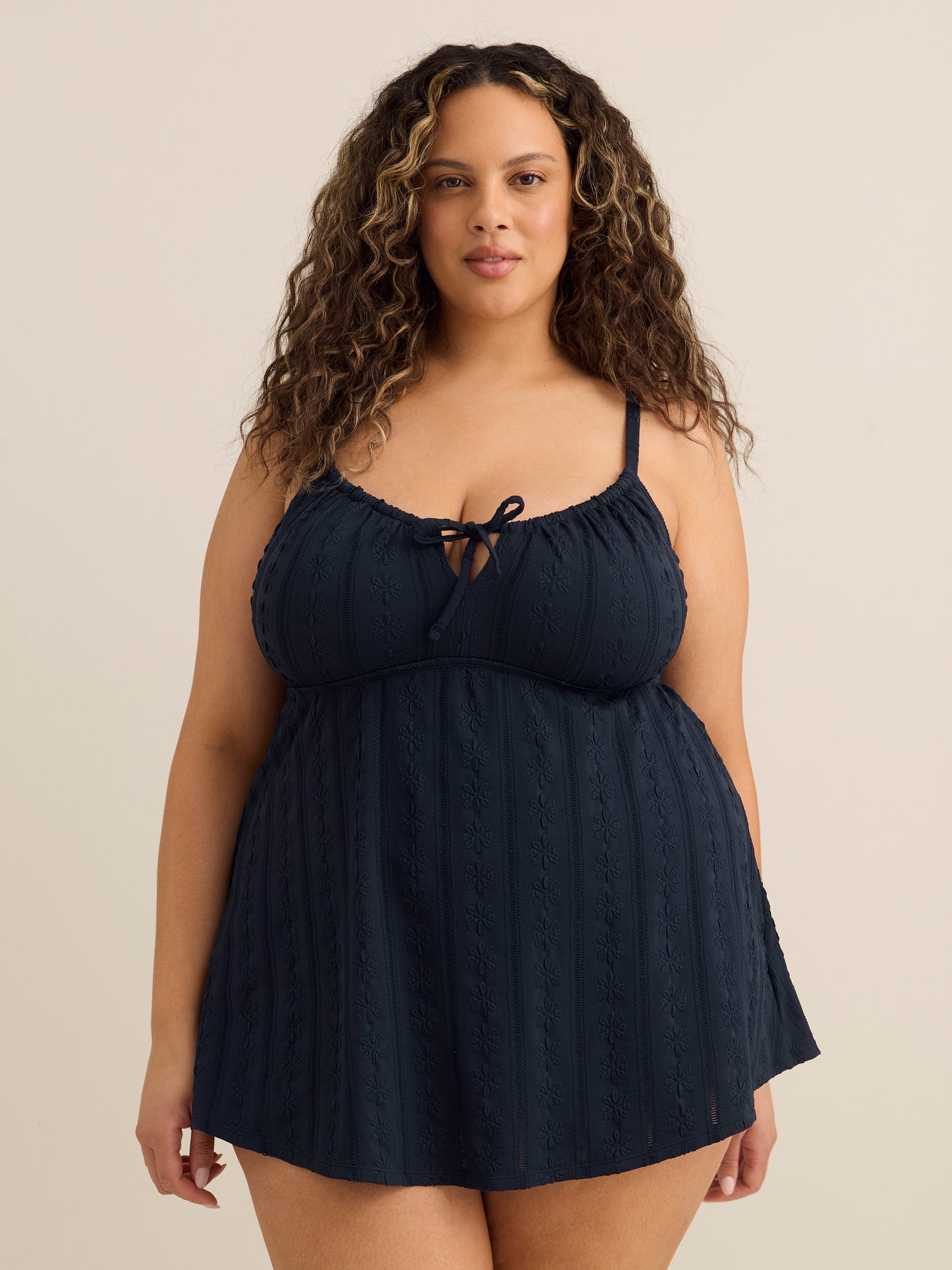 Navy Blue Eyelet-Textured Front-Tie Swim Dress