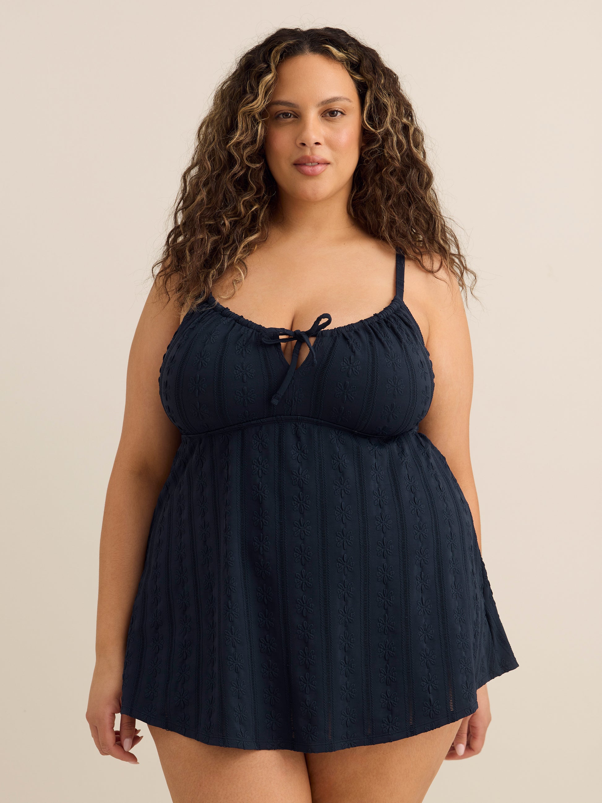 Navy Blue Eyelet-Textured Front-Tie Swim Dress
