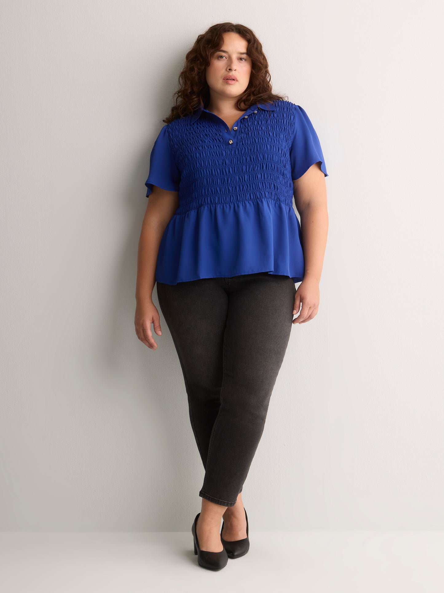 Responsible, Smocking Fit-and-Flare Shirt-Collar Blouse