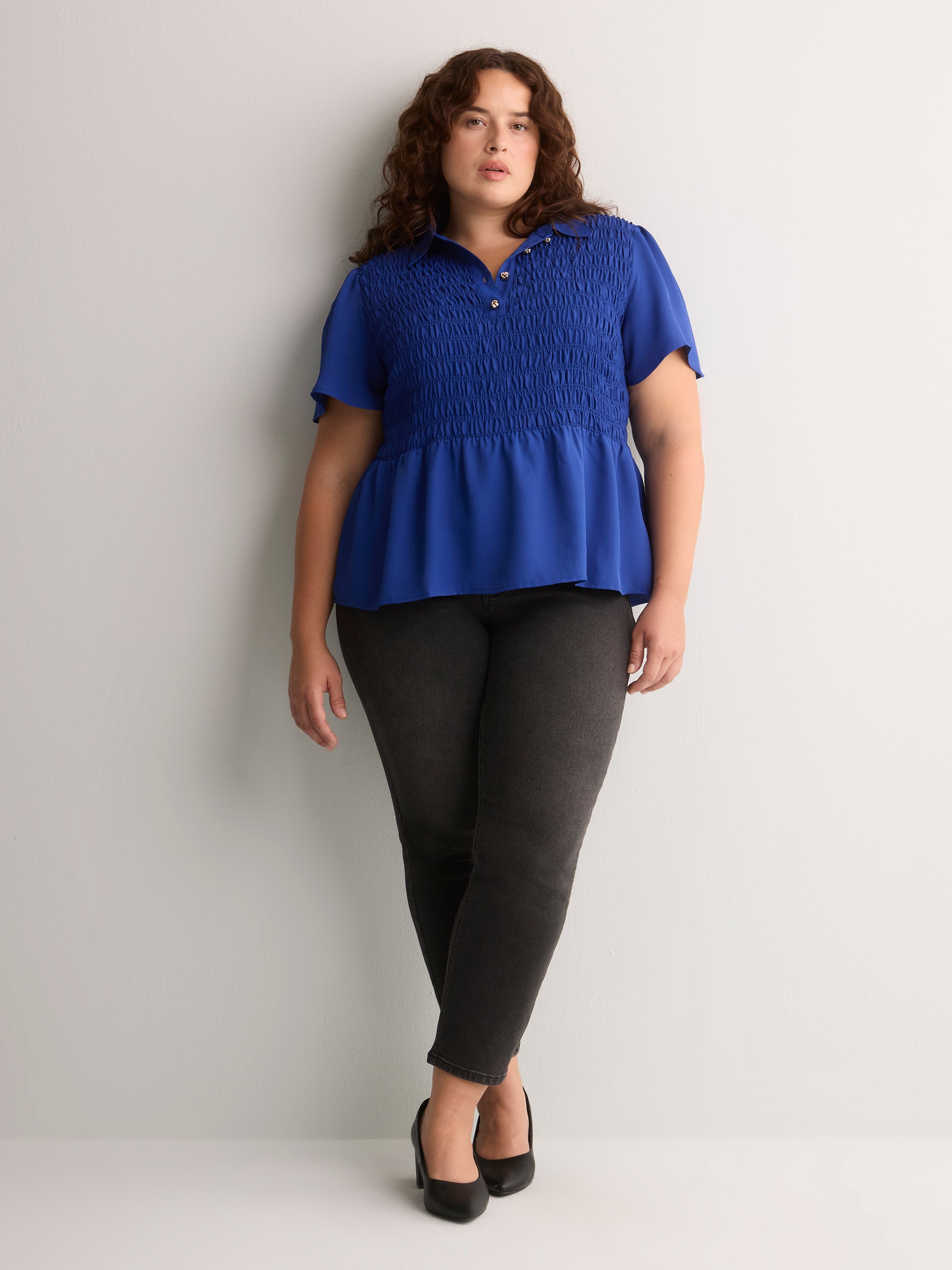 Responsible, Smocking Fit-and-Flare Shirt-Collar Blouse
