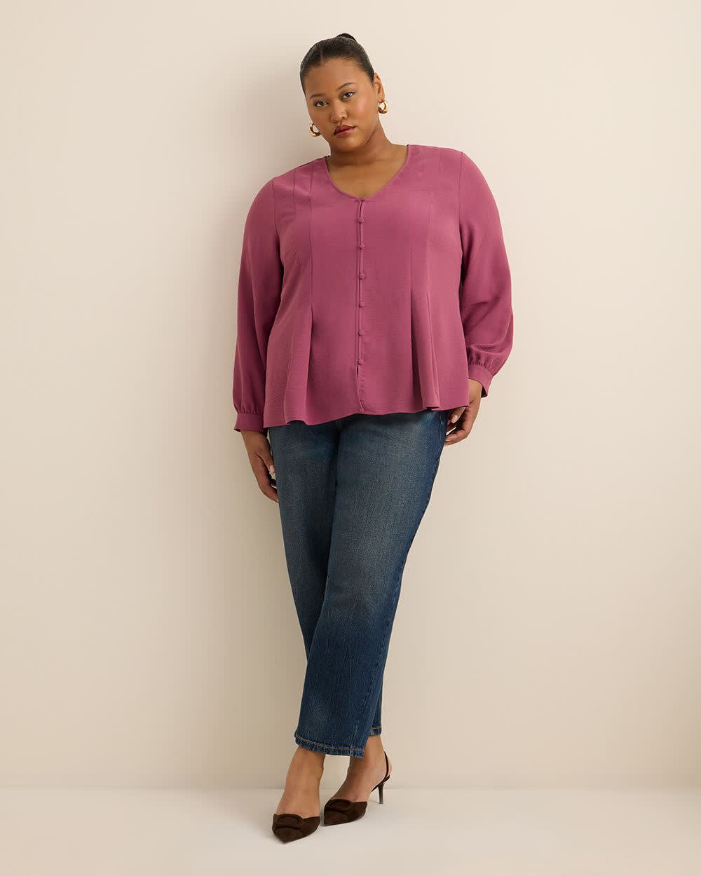 Long-Sleeve Flared Pleated Satin Blouse