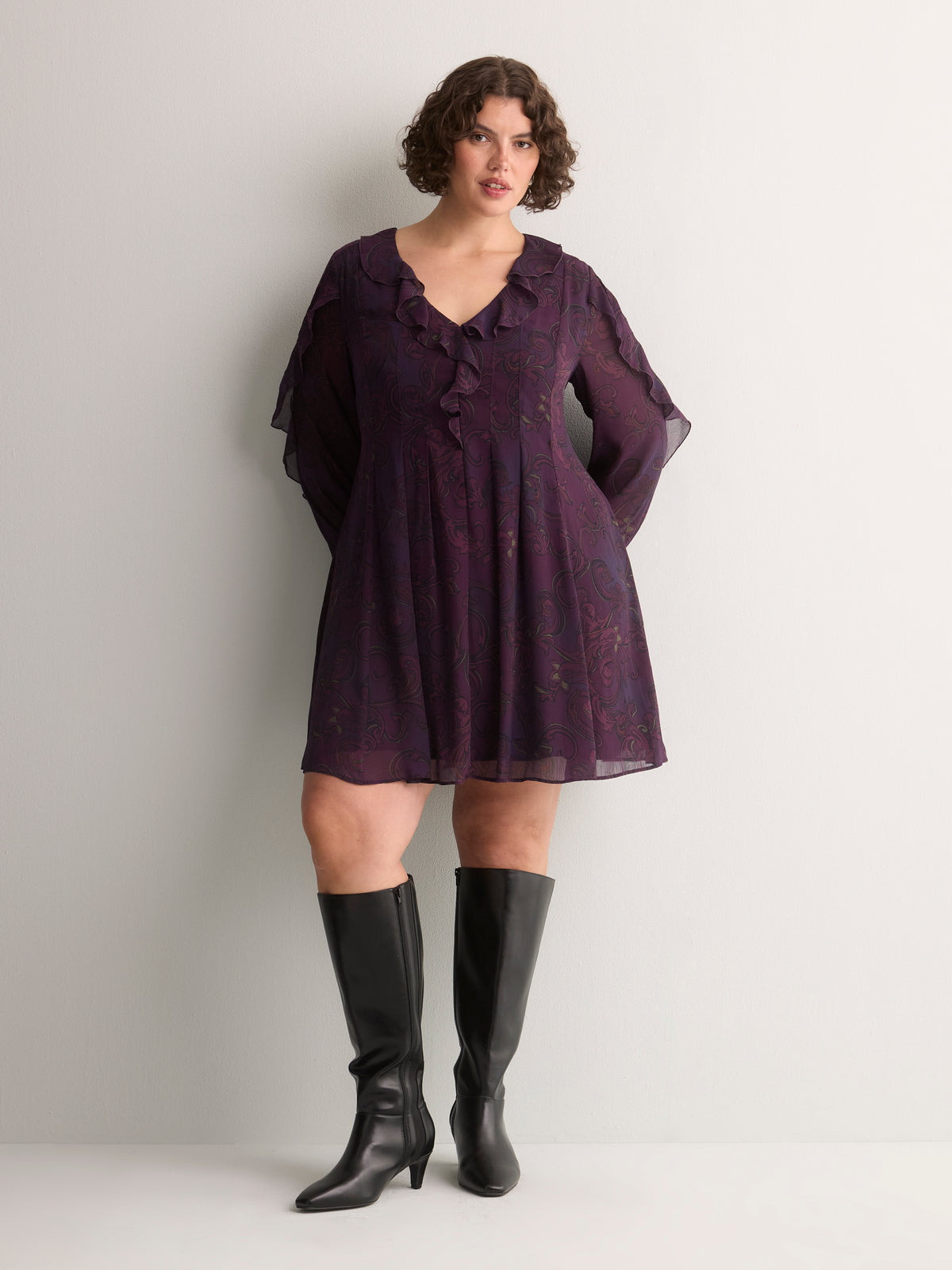 Purple Printed Chiffon Ruffled Swing Dress