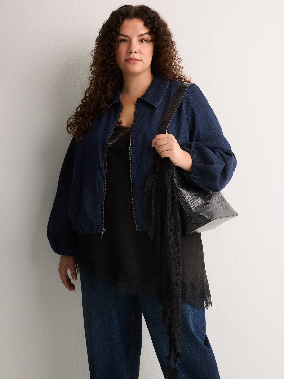 Black Faux Leather Croco Bucket Bag