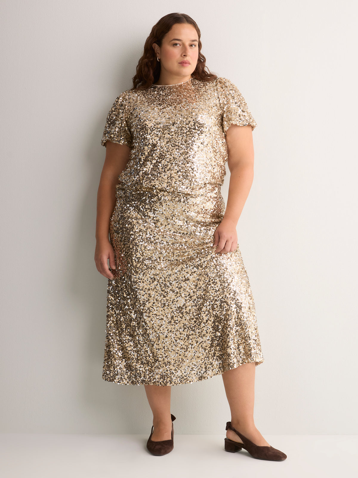 Straight Bubble-Sleeve Sequin Top