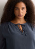 Split-Neck Long Flounce Sleeve Asymmetrical Blouse