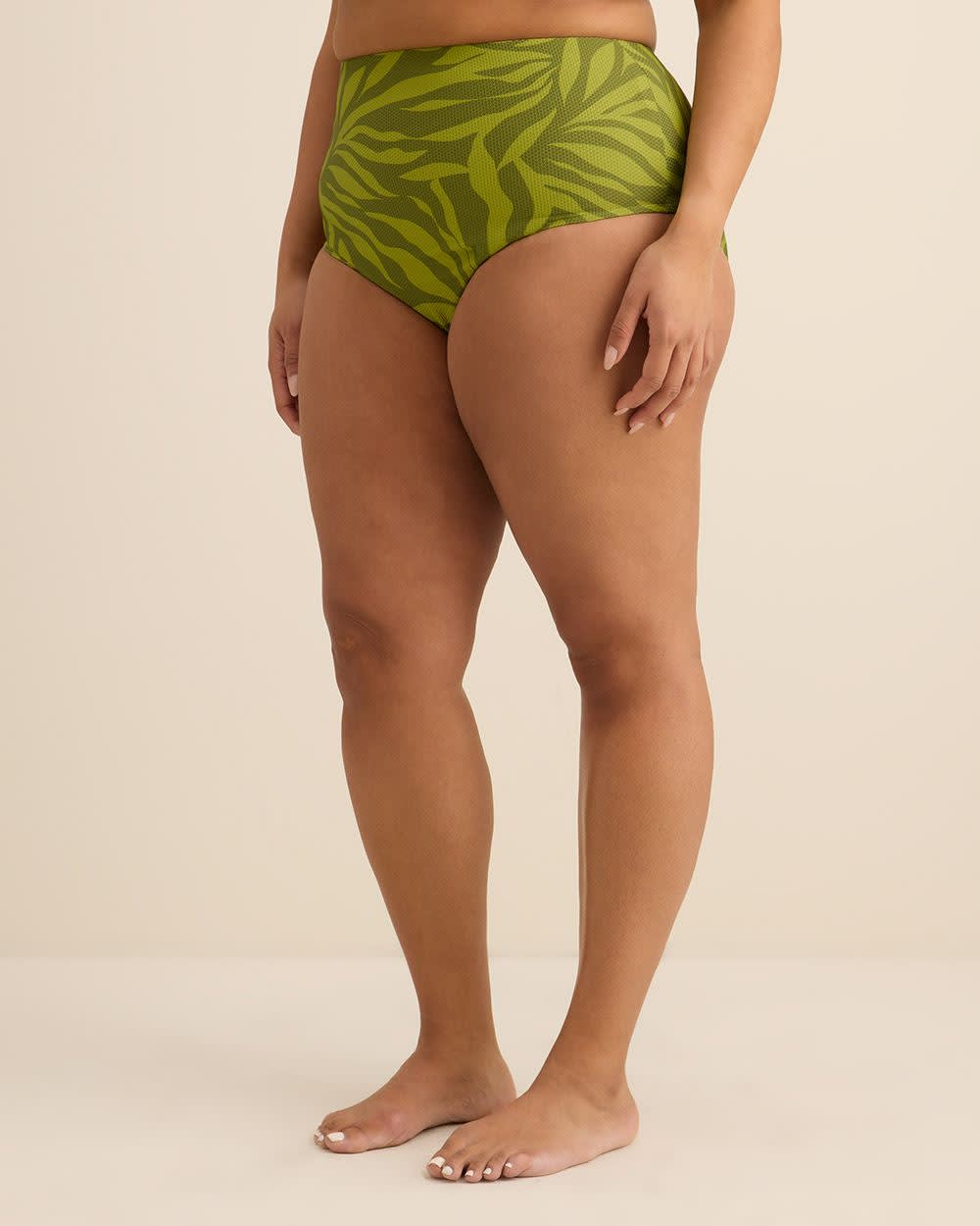 Green Foliage-Print High-Waisted Swim Brief