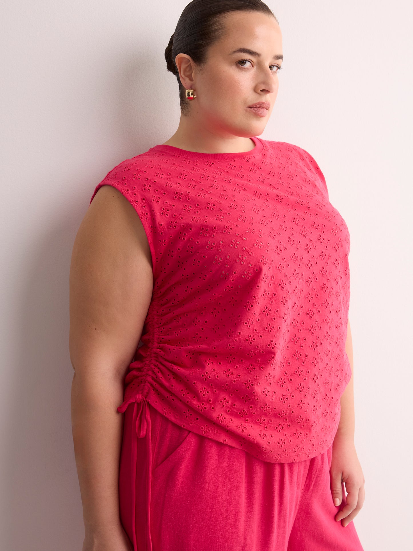 Sleeveless Eyelet Knit Top with Shirred Sides