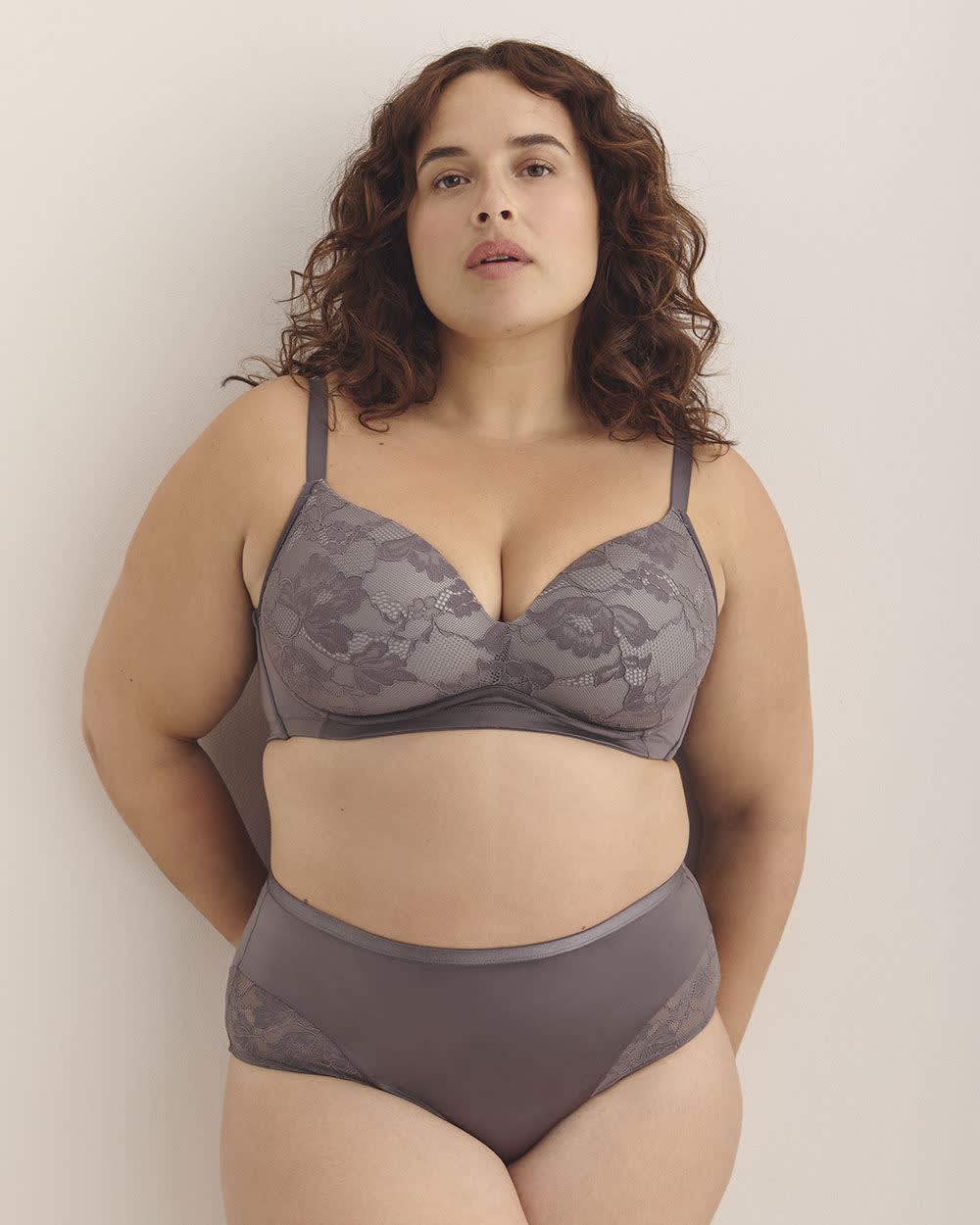 Grey Wireless Plunge Bra with Lace Cups - Déesse Collection