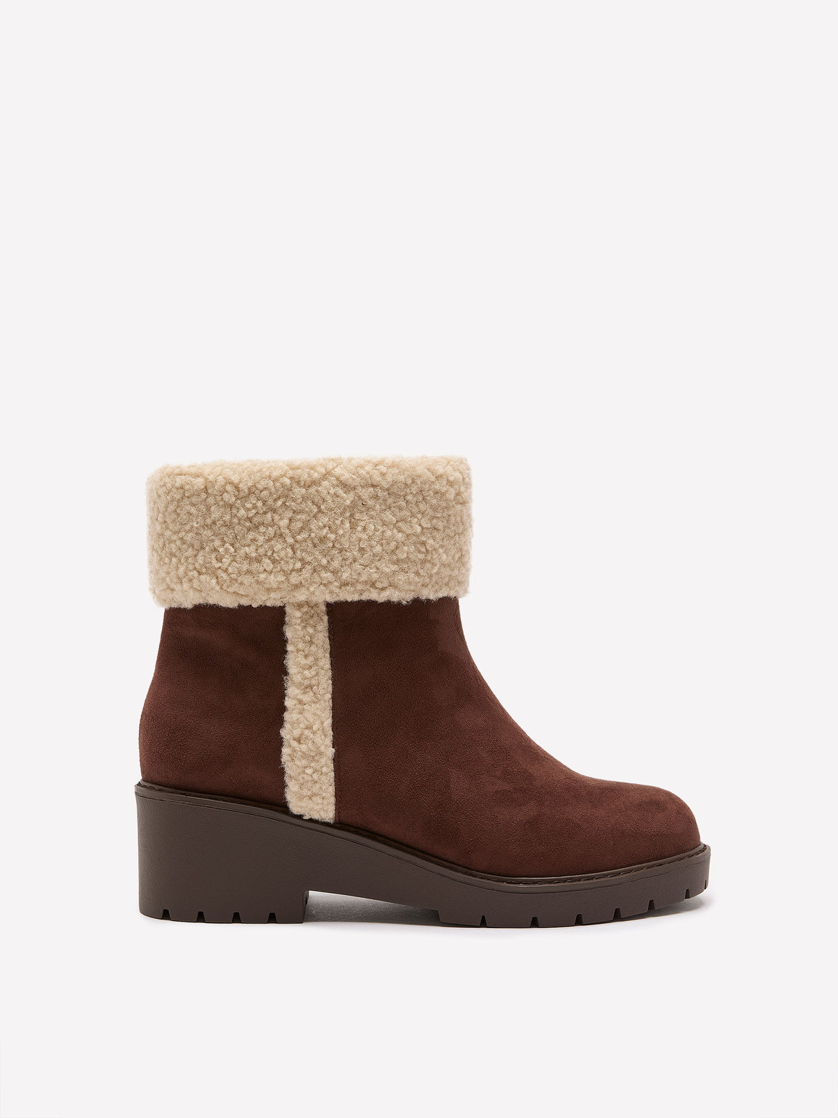 Extra Wide Width, Brown Microsuede Wedge Bootie with Foldover Sherpa