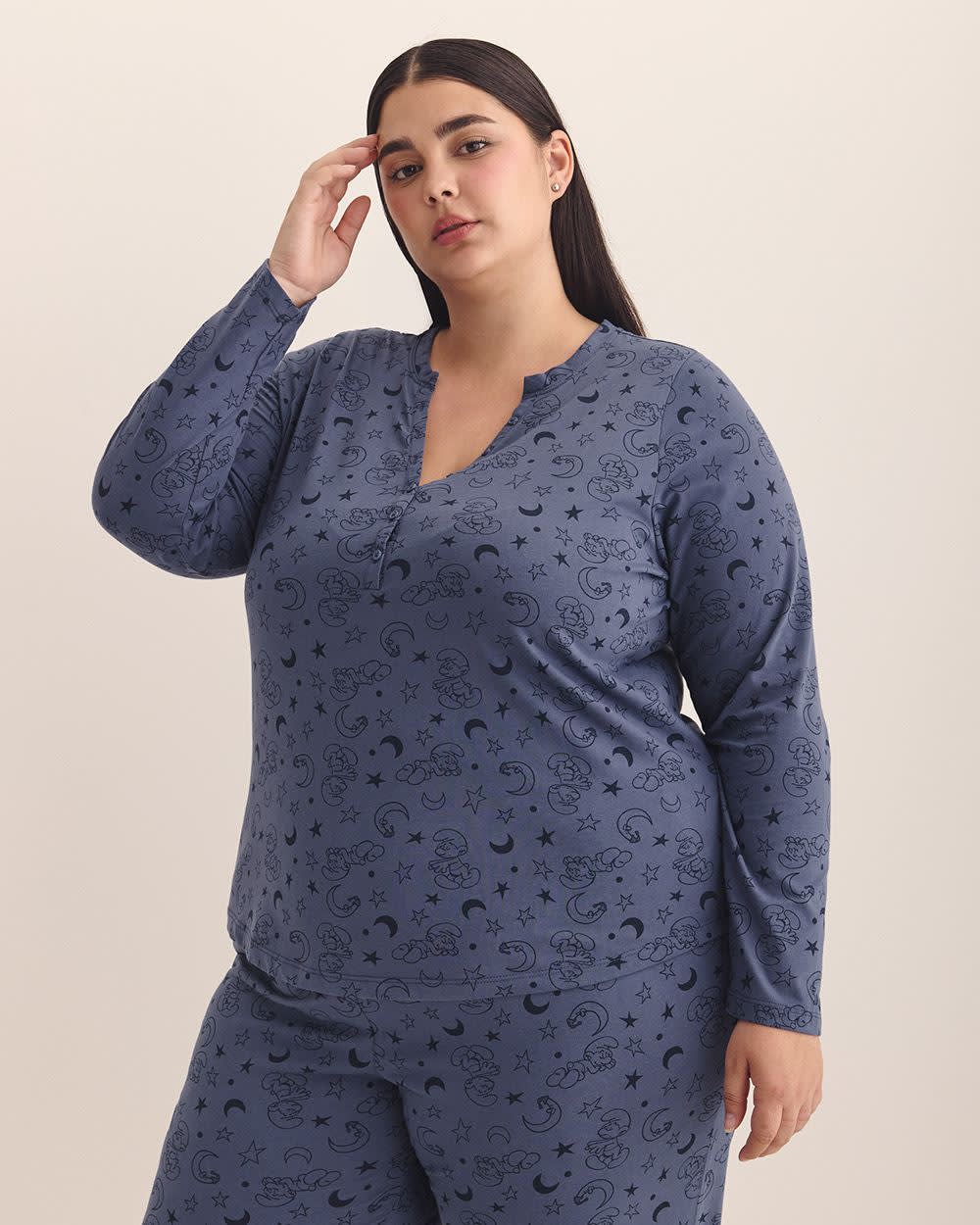 Haut de pyjama à  manches longues avec col rond Henley et imprimé de Schtroumpfs - ti Voglio