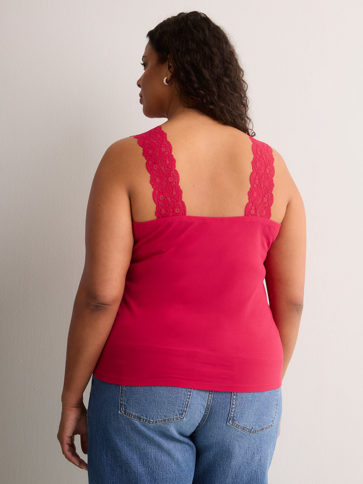 Responsible, Straight V-Neck Ribbed Cami with Lace Trim