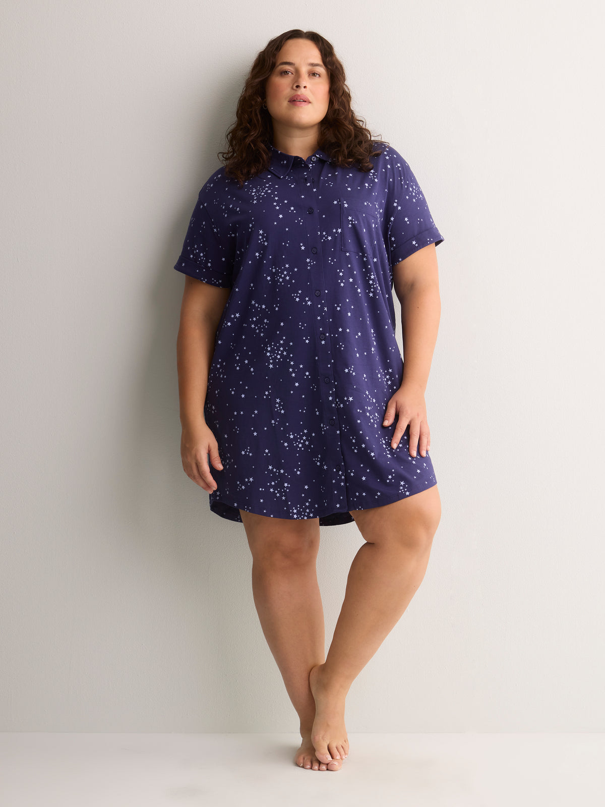 Mini-Star Print Short Buttoned-Down Sleepshirt - tiVOGLIO