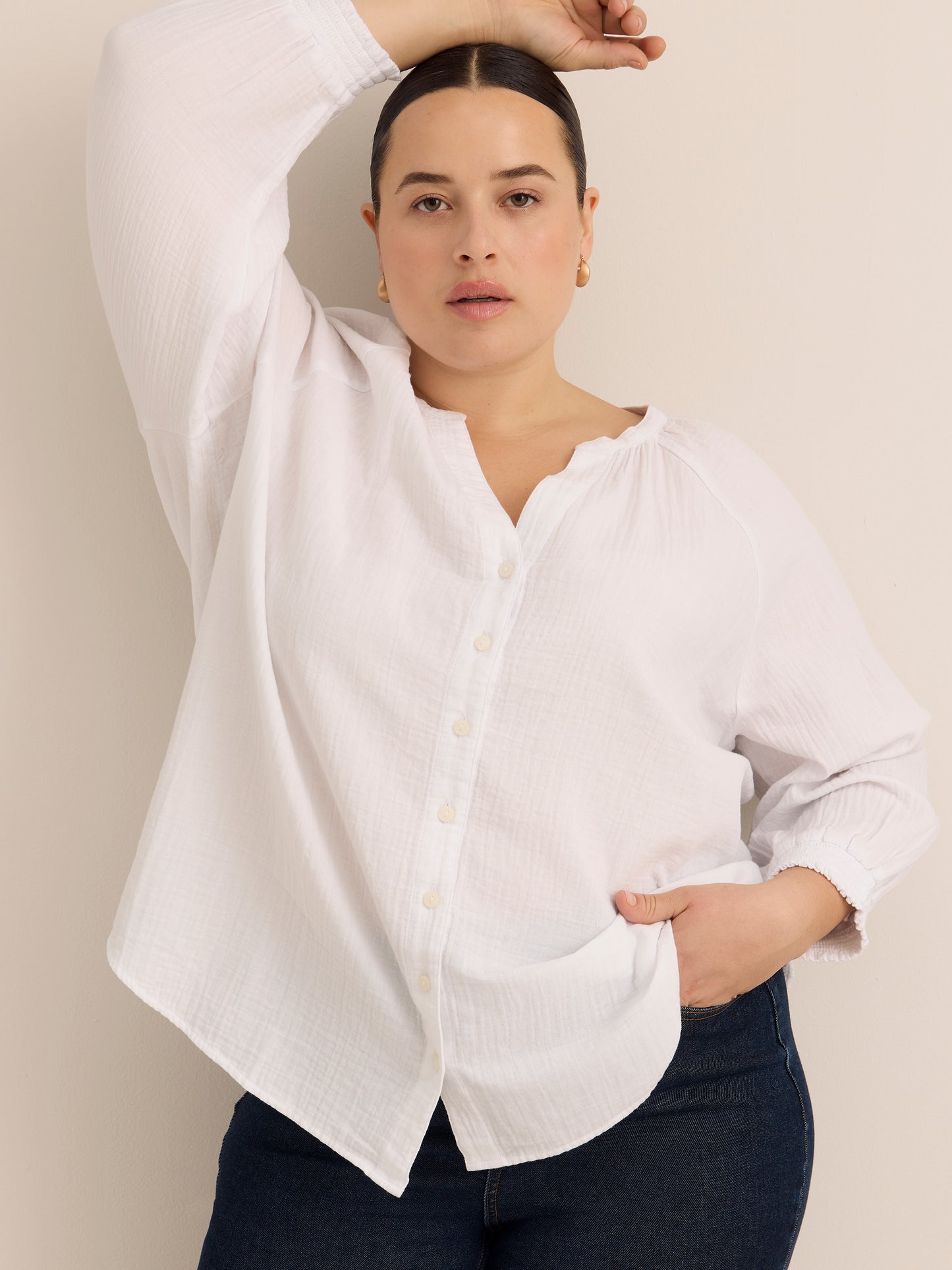 Cotton A-Line Notch-Neckline Blouse