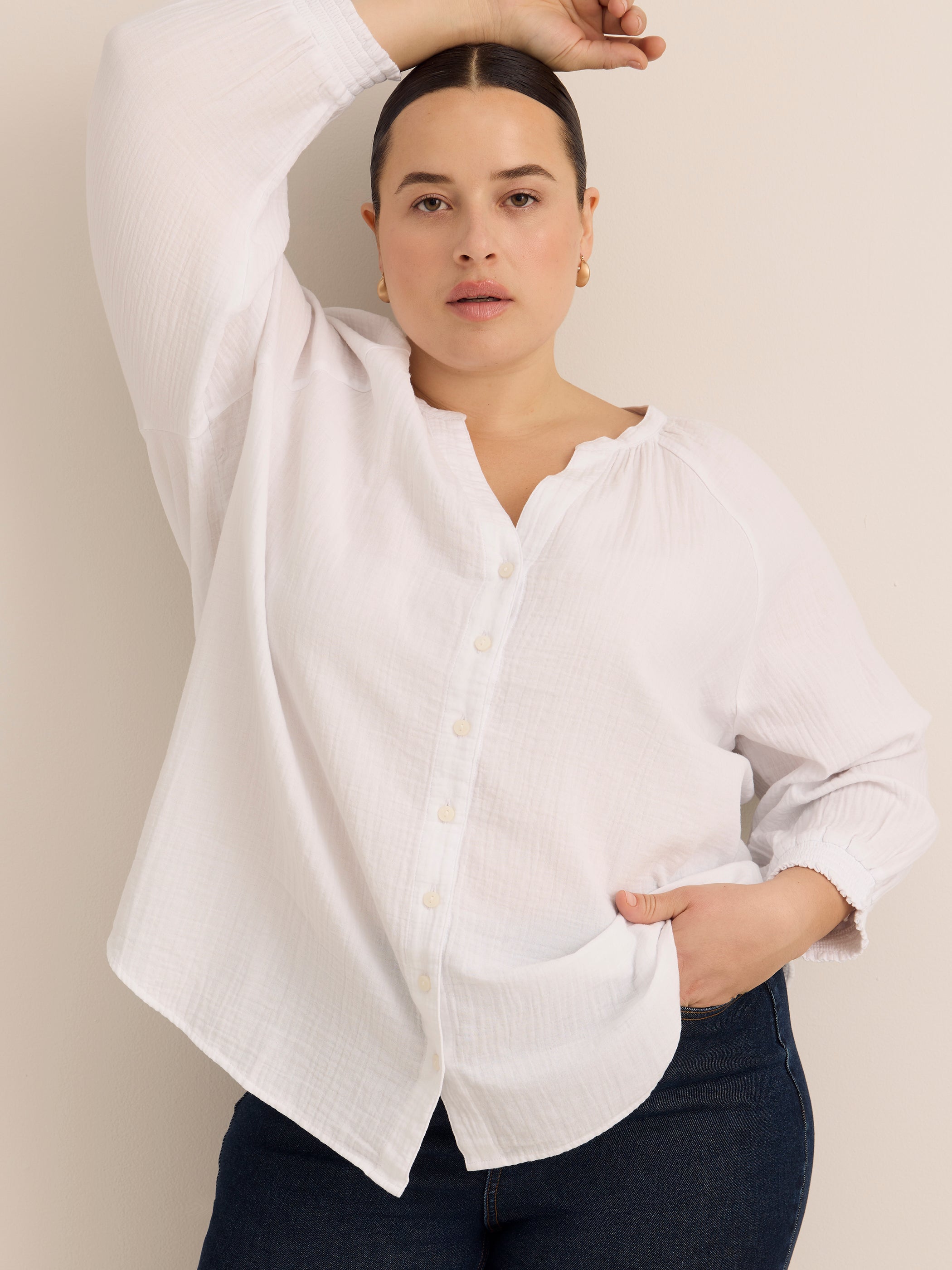 Cotton A-Line Notch-Neckline Blouse