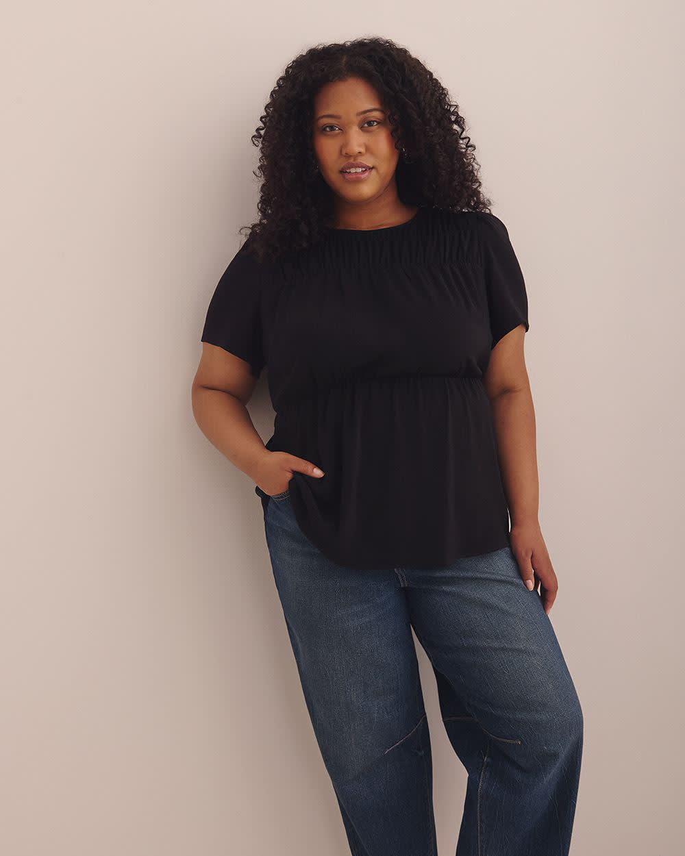 Short Flutter Sleeve Blouse with Smocked Top