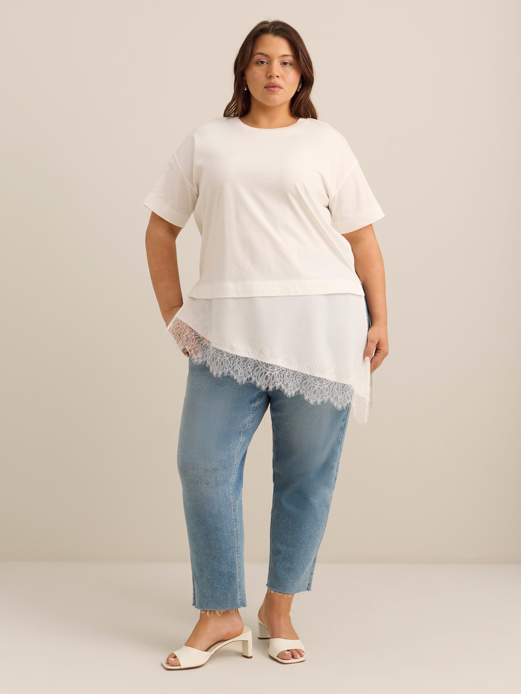 Short-Sleeve Crew Neck Tee with Lace-Trim Satin Fooler - Addition Elle