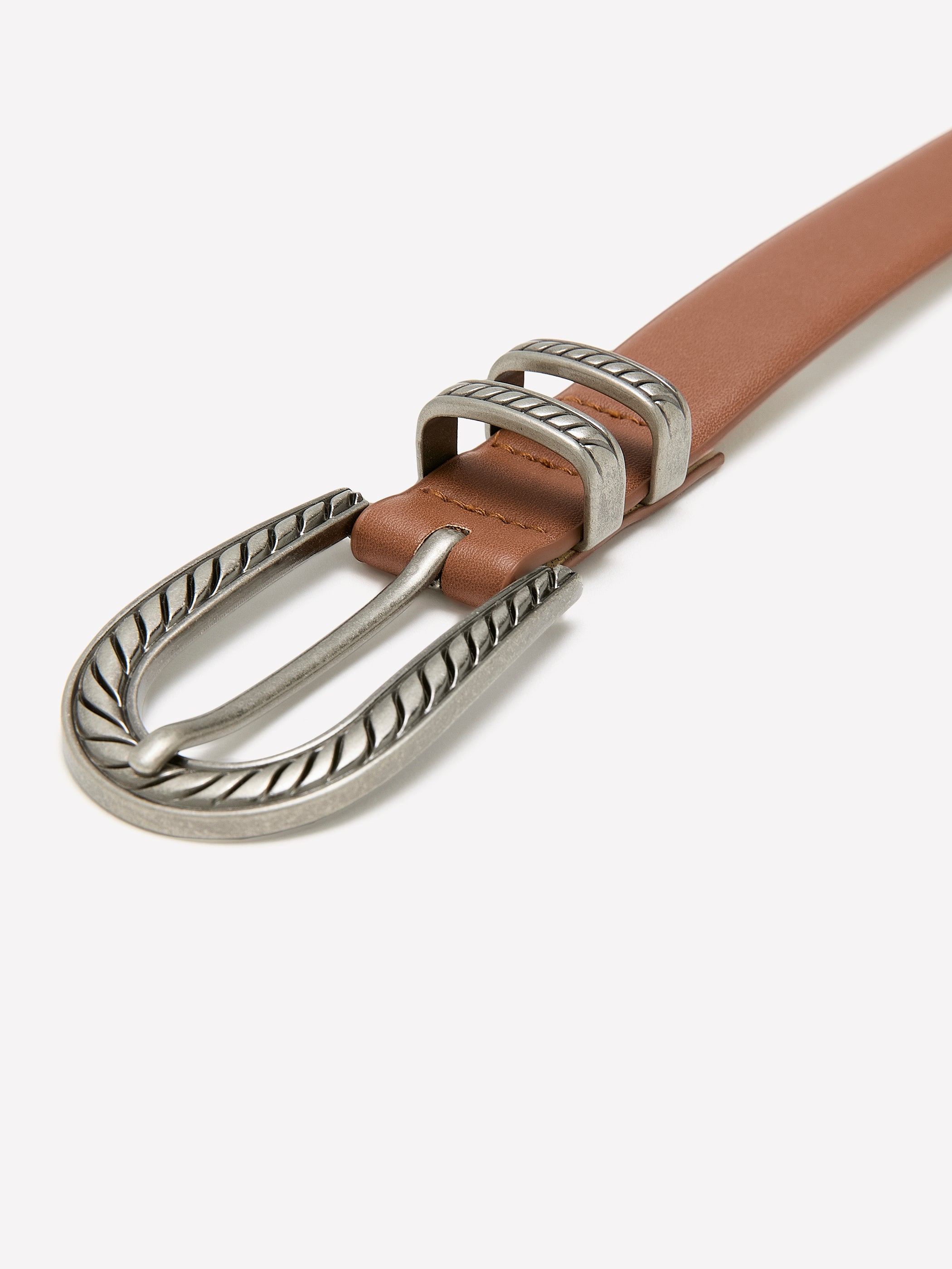 Cognac Faux-Leather Belt with Textured Oval Buckle